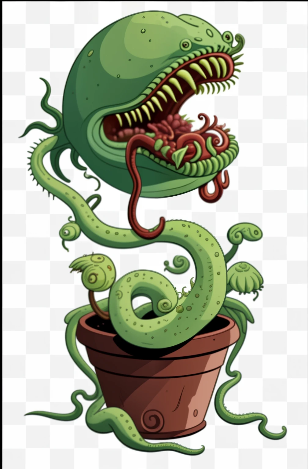 a cartoon of a plant with a large mouth and a small plant with a long tongue, plant monster, a plant monster, alien plant, plant predator, carnivorous plant, deadly alien plants, album art, worm monster, mix of venom and cthulhu, alien plants, worm mouth, alien plants and animals, carnivorous plants, eldritch abomination garfield