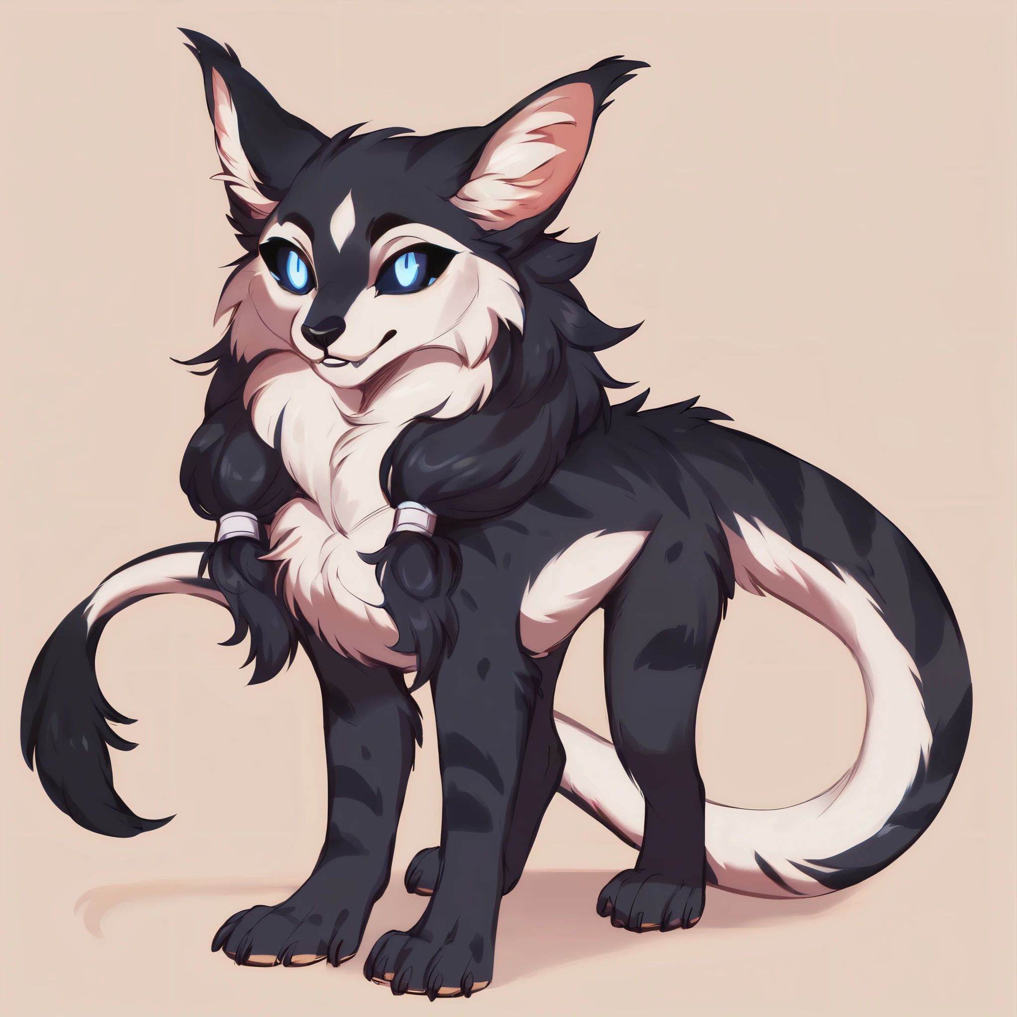 score_9, score_8_up, score_7_up, score_6_up, score_5_up, score_4_up, show accurate, full body, simple background, solo, feral chupacabra, female chupacabra, teenage chupacabra, adorable face, standing on all fours, black sclera, sapphire blue eyes, bright eyes, playful look, overflowing emotion, skinny body, full black fur, white fur, white face, white chest, black color tail, black legs,