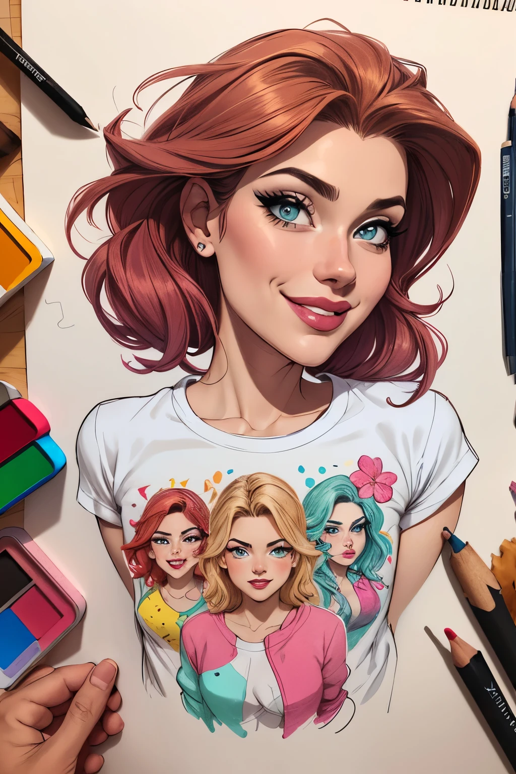 (estilo de desenho animado:1.2),  [(lindas mulheres de meia idade]) desenho de vestindo um moletom folgado e oversized, grande sorriso, olhos perfeitos, rosto detalhado, fundo de festa, pose divertida, olhar sedutor, confete, Fundo Branco Simples 