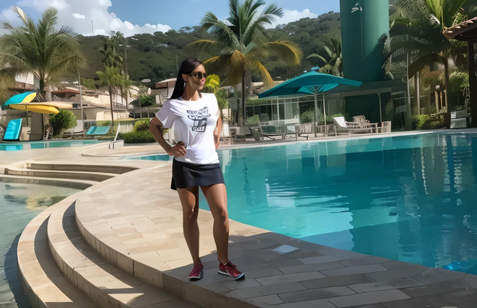 Woman standing by a pool wearing a just do it t-shirt, wearing a black miniskirt, 40 year old Brazilian woman, 35 year old Brazilian woman, looks like Fabiula Nascimento, 35 year old woman, stunning woman, realistic photo, tight white t-shirt. She is 155 cm tall and around 40 years old. A woman with tanned white skin and dark hair. She is around 40 years old. She has slightly full lips and dark brown eyes. Perfect body, slim body, slim waist. tanned skin, soft lips, red lipstick, a feeling of lightness and joy, hyperrealism, very elaborate skin. Fitness woman, fit woman, woman in good physical shape, full body photo, clear photo, high quality, high resolution, masterpiece, 8K.