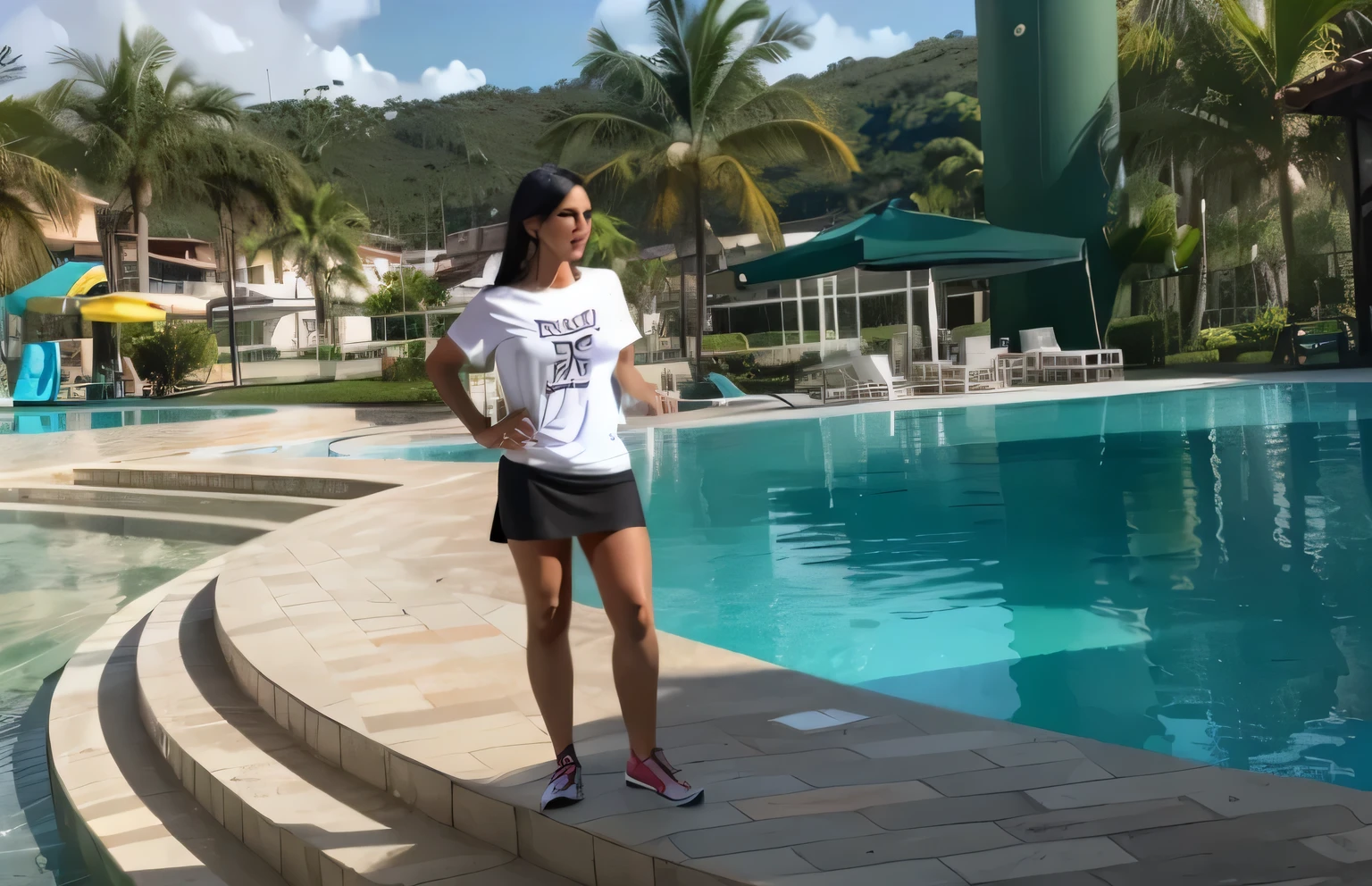 Woman standing by a pool wearing a just do it t-shirt, wearing a black miniskirt, 40 year old Brazilian woman, 35 year old Brazilian woman, looks like Fabiula Nascimento, 35 year old woman, stunning woman, realistic photo, tight white t-shirt. She is 155 cm tall and around 40 years old. A woman with tanned white skin and dark hair. She is around 40 years old. She has slightly full lips and dark brown eyes. Perfect body, slim body, slim waist. tanned skin, soft lips, red lipstick, a feeling of lightness and joy, hyperrealism, very elaborate skin. Fitness woman, fit woman, woman in good physical shape, full body photo, clear photo, high quality, high resolution, masterpiece, 8K.