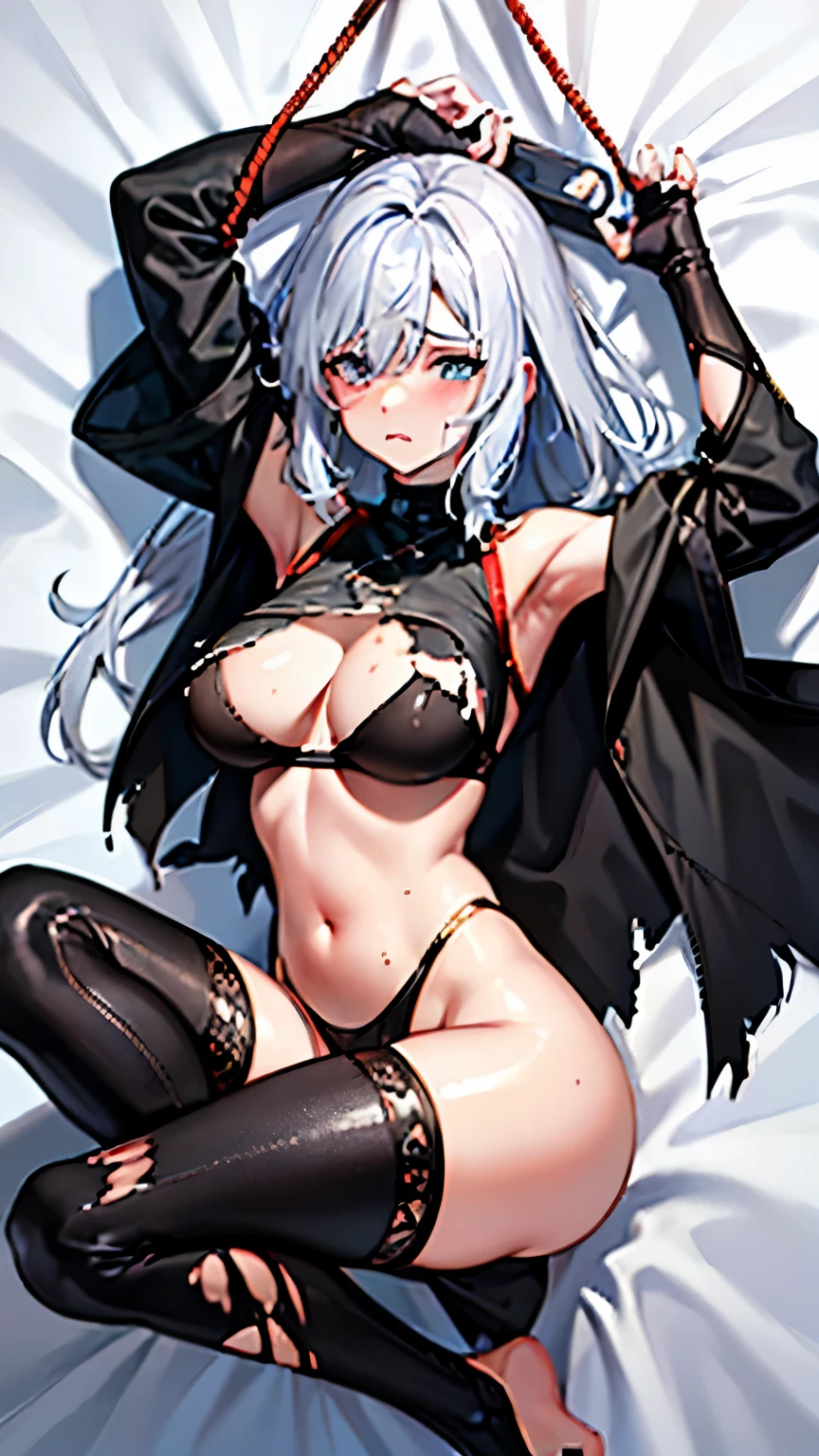 ripped black leggings,Damaged clothing,There are holes in the clothes,blush,Gently gasp,huge breasts,pained expression,pain,severely injured,There are holes in the clothes,Hands and feet tied with ropes,