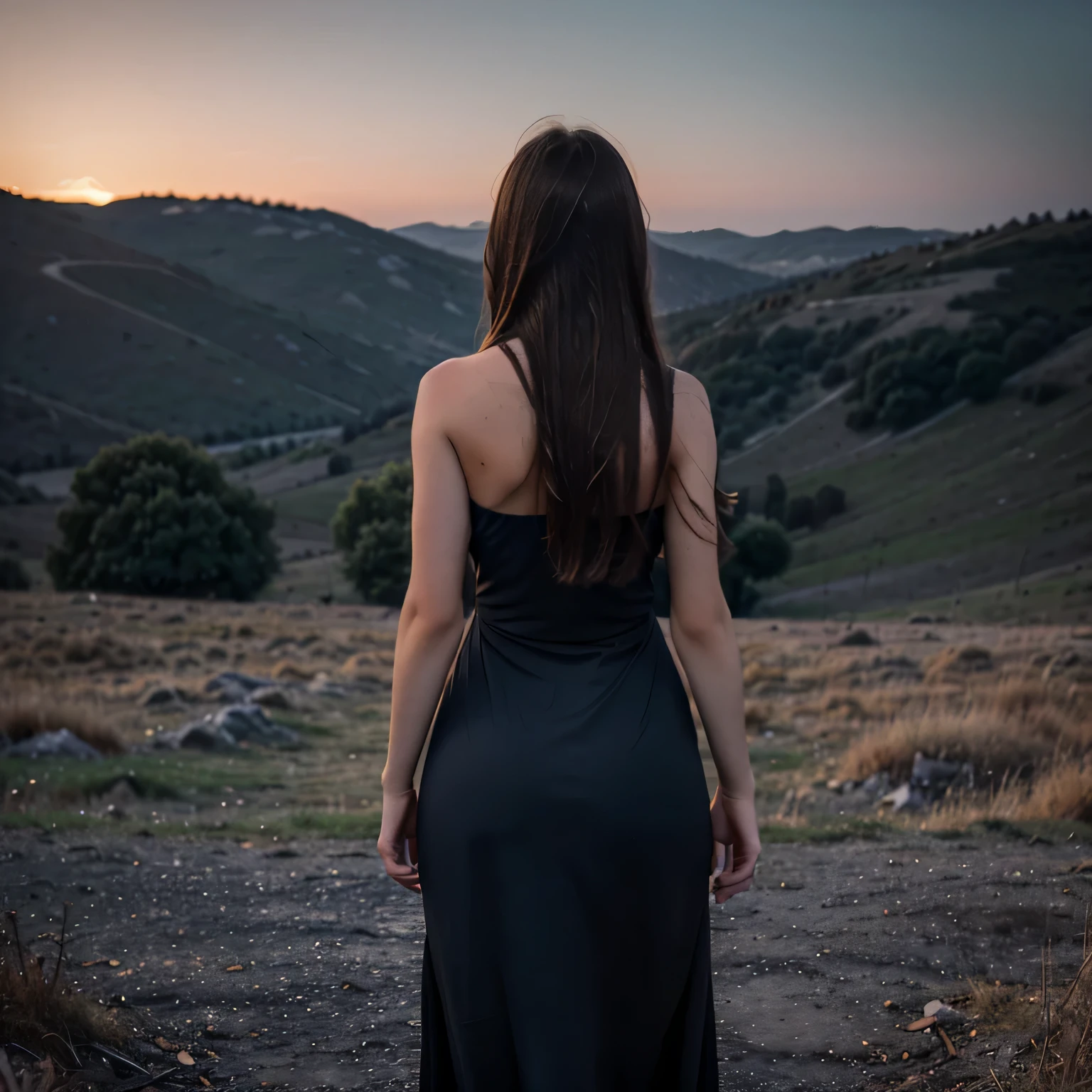 Albanian, girl, long brown hair, blue eyes, 40DD, seculareveningdress, 1girl, solo, back view, ass, standing, sunset, panorama, outdoors, bare shoulders, sleeveless, slate atmosphere, cinematic, dimmed colors, dark shot, muted colors, film grainy, lut, spooky