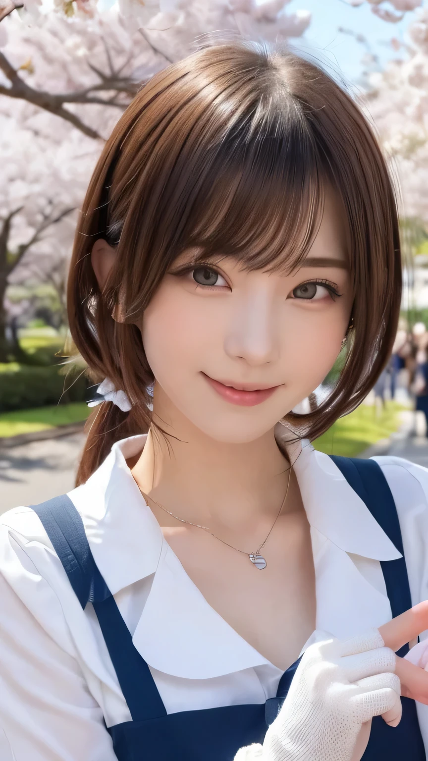 one girl, (a beauty girl, delicate girl:1.3), (18-year-old:1.3),
break, (spring, cute uniform:1.3),
break, (Street view:1.3), (cherry blossoms fall:1.3), (wool gloves), perfectly trimmed fingers,
break, very fine resolution, (symmetrical eyes:1.3),
break, small breasts, brown eyes, parted bangs, brown hair,  girl,
break, (Eye and face details:1.0), (get closer to the face, enlarge the face, face focus:1.0),close up of face,
break, (masterpiece, highest quality, Super detailed, detailed face, 8K),SakuraFubuki,cherry blossom petals,smile,random pose、blue eyes、white gloves,ponytail、SakuraFubuki、gloves、break,dynamic pose,smile、horizontal peace sign in front of face、beautiful hands、correct movement