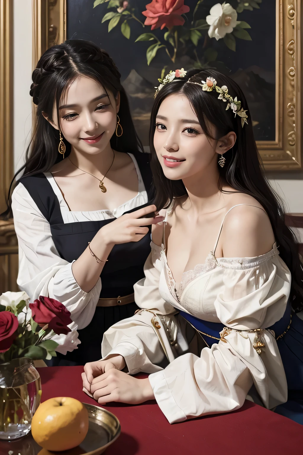 Giorgione painting style,Arguments of two female Philosophe,math、astronomical machine、astronaut、roses in vase、fruits、Cute trinkets、smile、ancient greek costume、Ancient Roman landscape in the style of Nicolas Poussin,laughter,,Sweet and seductive appearance.、Caravaggio's paintings、Chiaroscuro of Caravaggio、hair tousled by the wind,Two women frolicking,cute smile, expression of ecstasy,Sexy,erotic