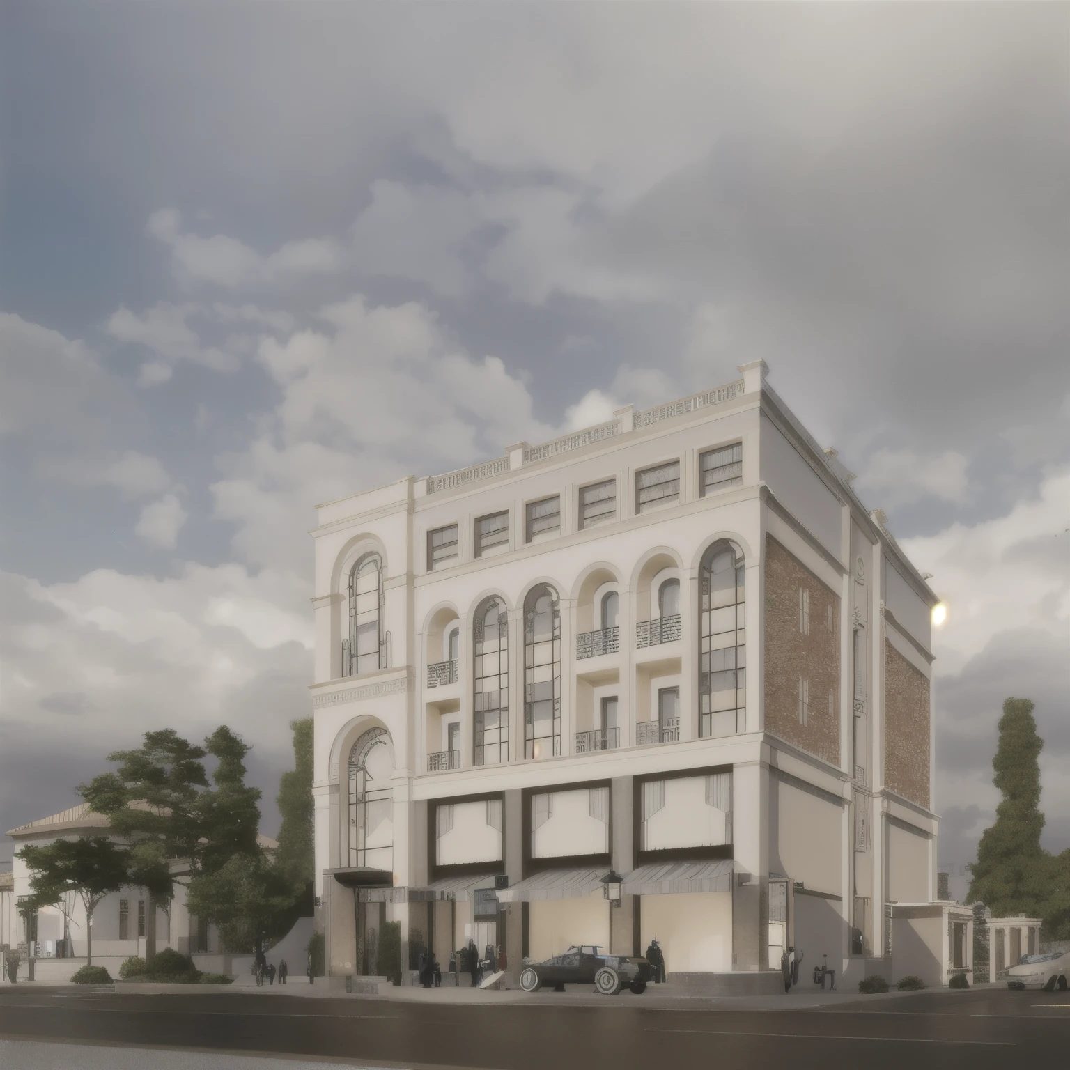 there is a large building with a clock on the front of it, neo - classical style, realistic building, neoclassical police station, neo - classical, neo-classical, neo classical architecture, neoclassical architecture, architectural rendering, neoclassical style, building facing, architectural render, neoclassicism style, freddy mamani silvestre facade