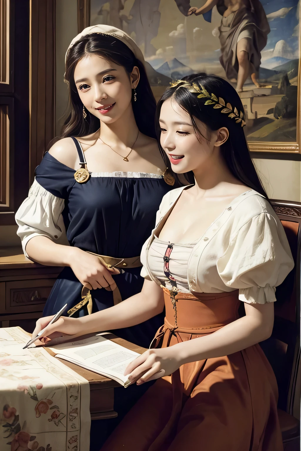 Giorgione painting style,Arguments of two female Philosophe,math、astronomical machine、astronaut、roses in vase、fruits、Cute trinkets、smile、ancient greek costume、Ancient Roman landscape in the style of Nicolas Poussin,laughter,,Sweet and seductive appearance.、Caravaggio's paintings、Chiaroscuro of Caravaggio、hair tousled by the wind,Two women frolicking,cute smile, expression of ecstasy,Sexy,erotic