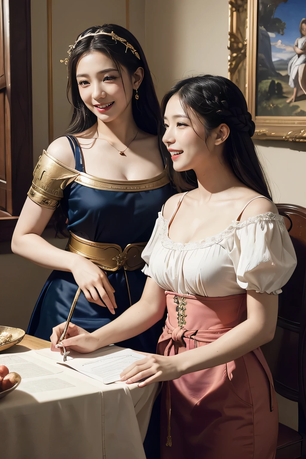 Giorgione painting style,Arguments of two female Philosophe,math、astronomical machine、astronaut、roses in vase、fruits、Cute trinkets、smile、ancient greek costume、Ancient Roman landscape in the style of Nicolas Poussin,laughter,,Sweet and seductive appearance.、Caravaggio's paintings、Chiaroscuro of Caravaggio、hair tousled by the wind,Two women frolicking,cute smile, expression of ecstasy,Sexy,??????