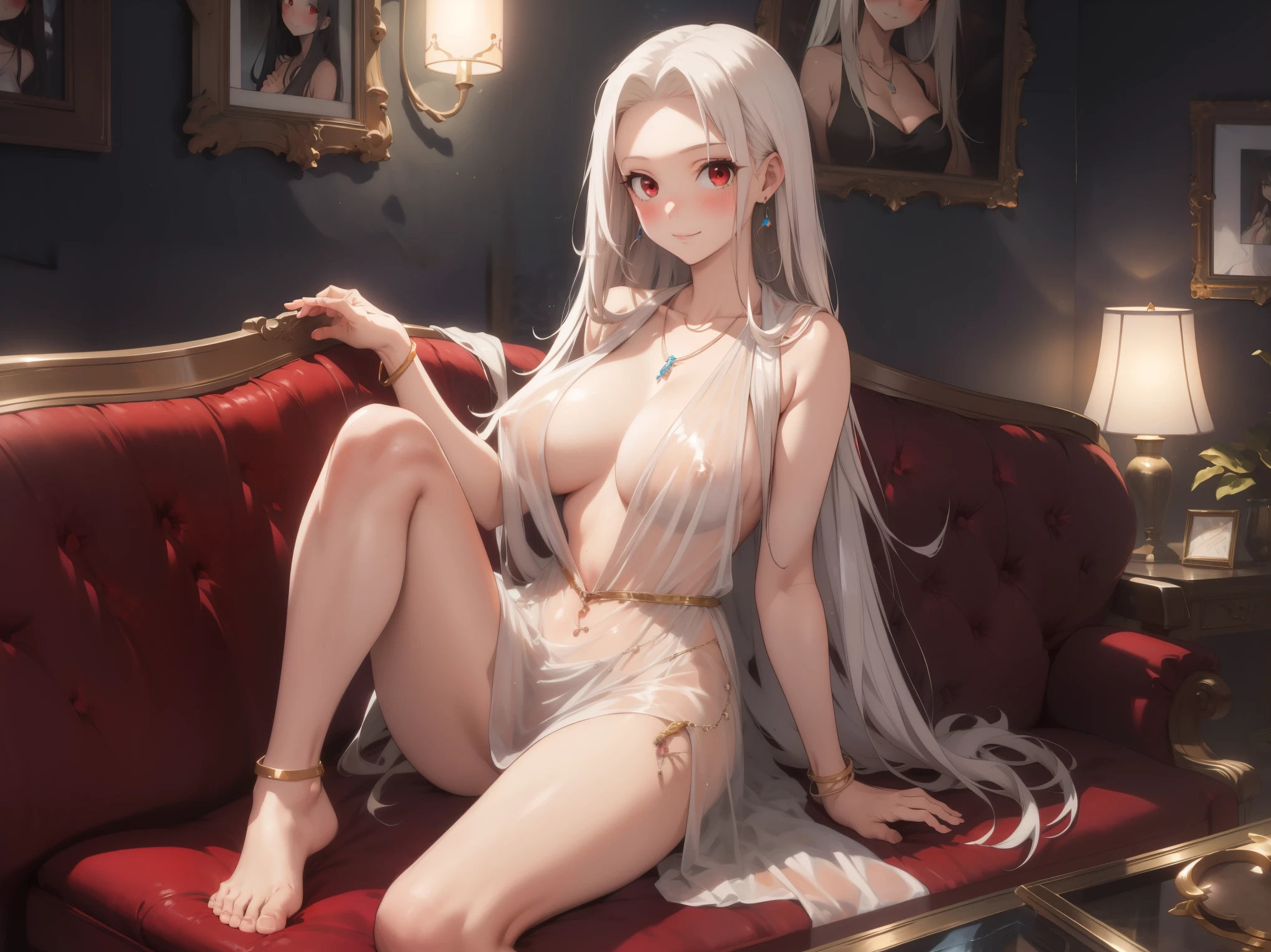 (cowboy shot:1.3),1girl,Irisviel von Einzbern,seductive smile, solo, long hair, looking at viewer, blush, bangs, (gigantic_breasts),(hanging breasts), (red eyes), dress, cleavage, bare shoulders, jewelry, sitting,hand up, very long hair, closed mouth, collarbone, white hair, thighs, earrings, sleeveless, indoors, necklace, white dress, bracelet,bare foot,toes, parted bangs, sleeveless dress,see-through, couch, bangle, lamp, picture frame, painting \(object\)