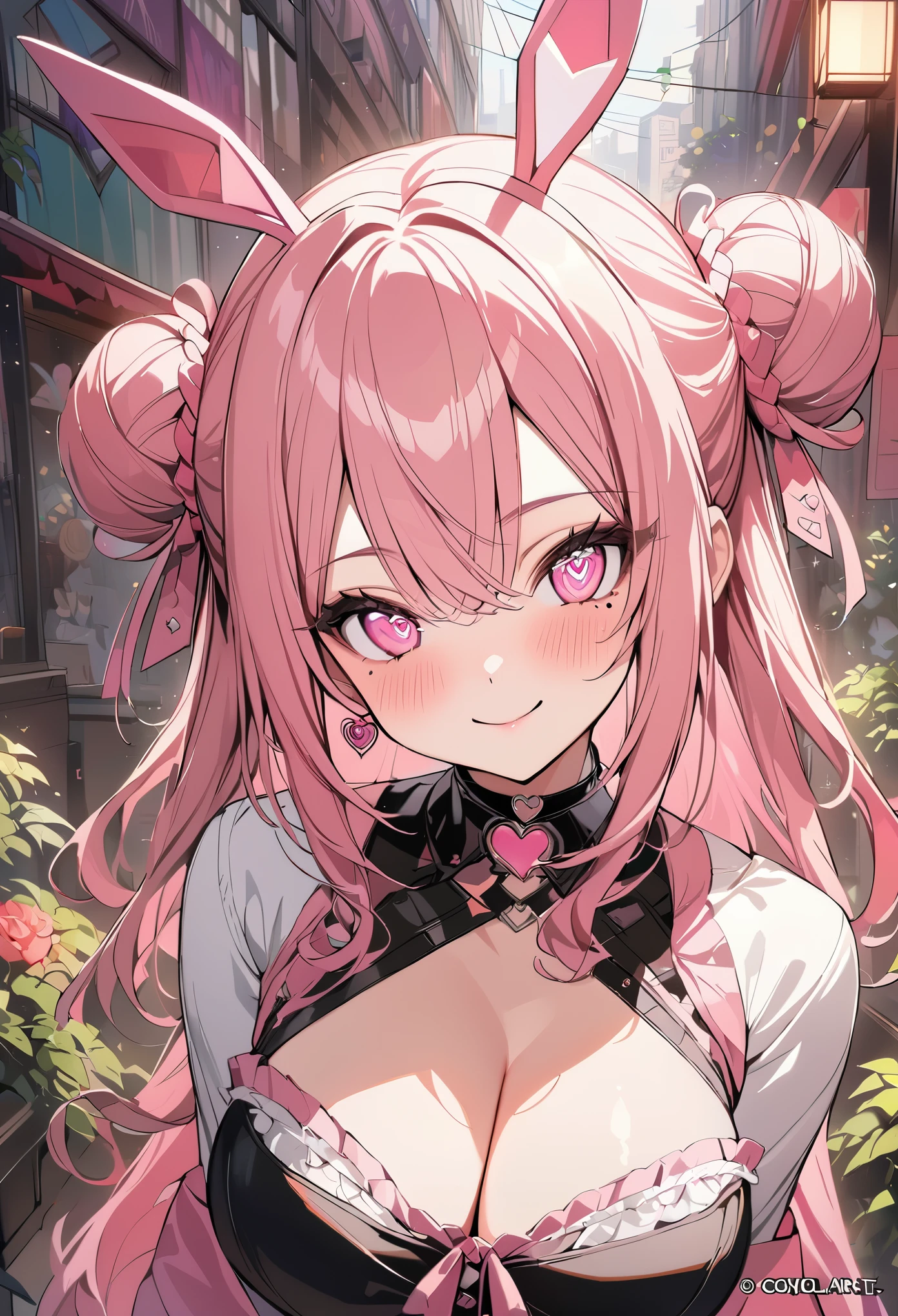 1 girl, pink long bun hair, heart shaped eyes, ♡, Bunny ears、Idol, {girl with pink long bun hair named Nami}, (Pink eye color), {downtown}, (smile), bright background , mole under eye, heart shaped choker, (masterpiece, highest quality), very detailed, highest quality, official art, beautiful and aesthetic: 1.2), (1 girl), very detailed, (geometry art: 1.3), colorful, most detailed ?d1 girl, pink long bun hair, Eye of the symbol, +__+, big breasts, gothic costume, {A girl with long pink bun hair named Nami}, (Pink eye color), {downtown}, (smile), bright background, （garden,beautiful flower々）,mole under eye, heart shaped choker, (masterpiece, highest quality), official art, beautiful and aesthetic: 1.2), (1 girl), very detailed, (geometry art: 1.3), colorful