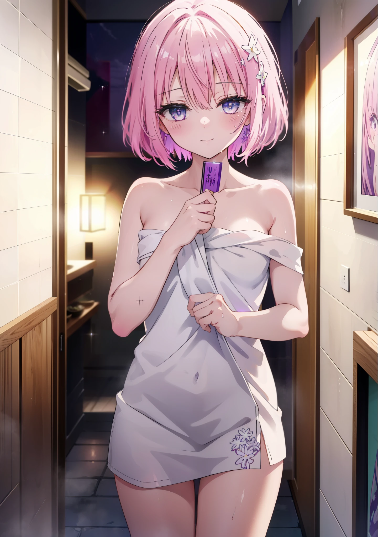 Momodeviluke, Deviluke type, demon tail, hair flower, hair ornaments, (purple eyes:1.1), naked towel,pink hair, short hair, tail, smile,blush,happy smile, smile,Are standing,
break demon tail, Completely naked,おbathから出たばかりの,blush,smile, open your mouth,damp hair,cover your naked body with a bath towel,
break indoors, bath　Entrance,
break looking at viewer, (cowboy shot:1.5),
break (masterpiece:1.2), highest quality, High resolution, unity 8k wallpaper, (figure:0.8), (beautiful detailed eyes:1.6), extremely detailed face, perfect lighting, extremely detailed CG, (perfect hands, perfect anatomy),