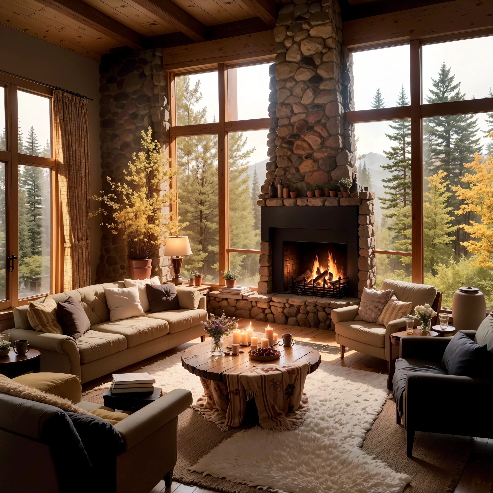 THIS EVENING WOODEN CABIN LIVING ROOM ANIME BACKGROUND, (COZY ATMOSPHERE), (SUBTLE LIGHTING), BRIGHT STONE FIREPLACE FIRE, LIONSKIN RUG THIS EVENING BEST QUALITY, TRANSPARENT GLASS WINDOWS