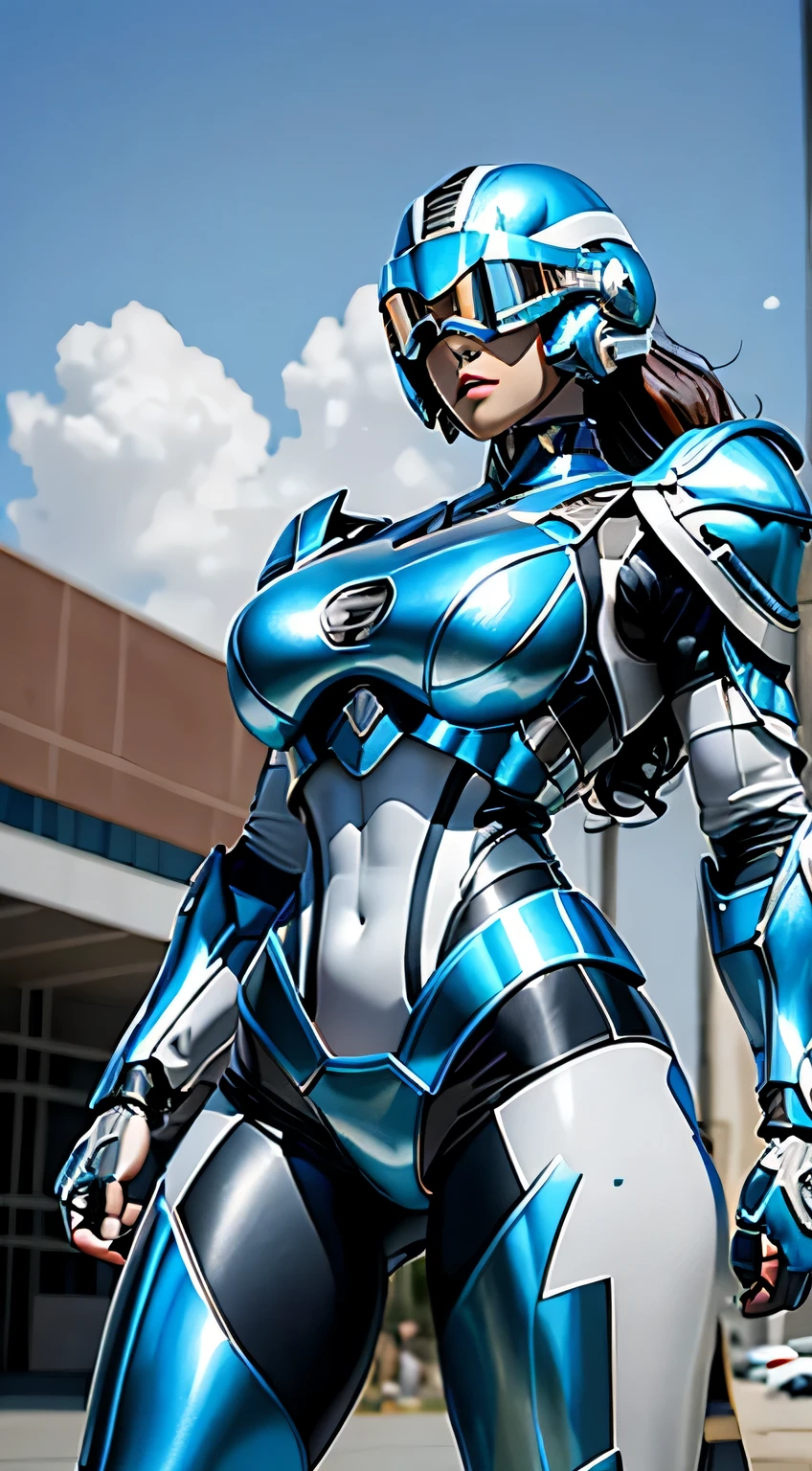 female robocop solo、bright outdoors、strong light source、8K, high quality, masterpiece, 最high quality, sharp contrast、very detailed、Armor that completely covers the whole body、very large armor、Helmet covering the head、clear pictures、Eyes hidden by thin straight goggles:1.3、The lower half of the face is raw:1.5、The lower half of the face is exposed、luscious lips、Sky blue and white metallic armor、Armor that completely covers the chest、thin and long legs、Vibrant posel body view,big and full breasts:1.5, (sports body:1.5)、five fingers、photos around town