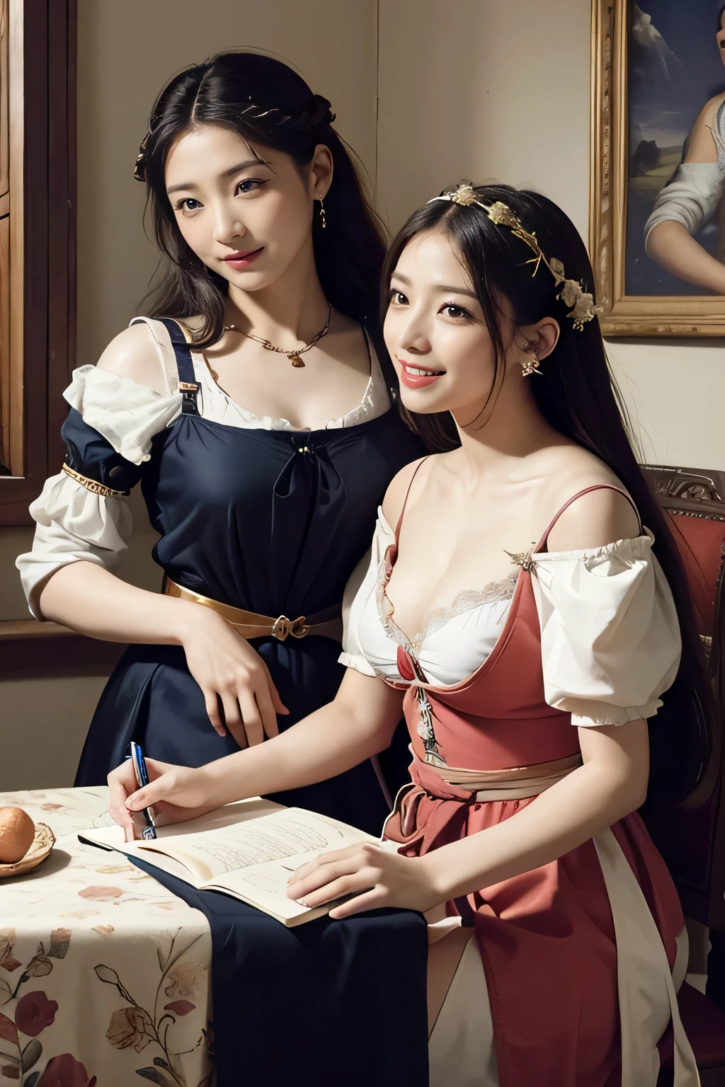 Giorgione painting style,Arguments of two female Philosophe,math、astronomical machine、astronaut、roses in vase、fruits、Cute trinkets、smile、ancient greek costume、Ancient Roman landscape in the style of Nicolas Poussin,laughter,,Sweet and seductive appearance.、Caravaggio's paintings、Chiaroscuro of Caravaggio、hair tousled by the wind,Two women frolicking,cute smile, expression of ecstasy,Sexy,erotic