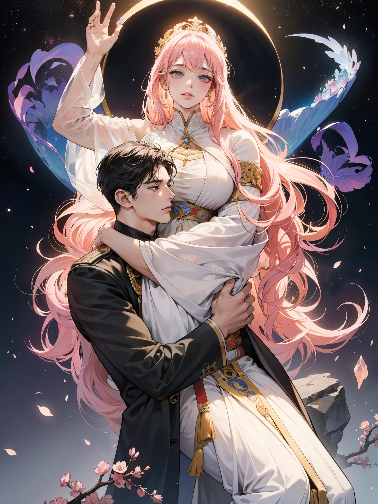 "Yab-Yum": A colossal Roman emperor named Constantine I, known for his greatness, finds himself cradled by the head of a statue, his loving companion – a  girl hailing from the Land of the Rising Sun. Their bond, brimming with happiness and love, transcends the boundaries of faith and religion. Their love is airtight, a microcosm enshrined within garden quartz, a boundless galaxy, or a clear sky before dawn.

This blissful union unfolded during a tranquil era, set against a marbled floor and precious ores such as diamond, morganite, kunzite, rose quartz,