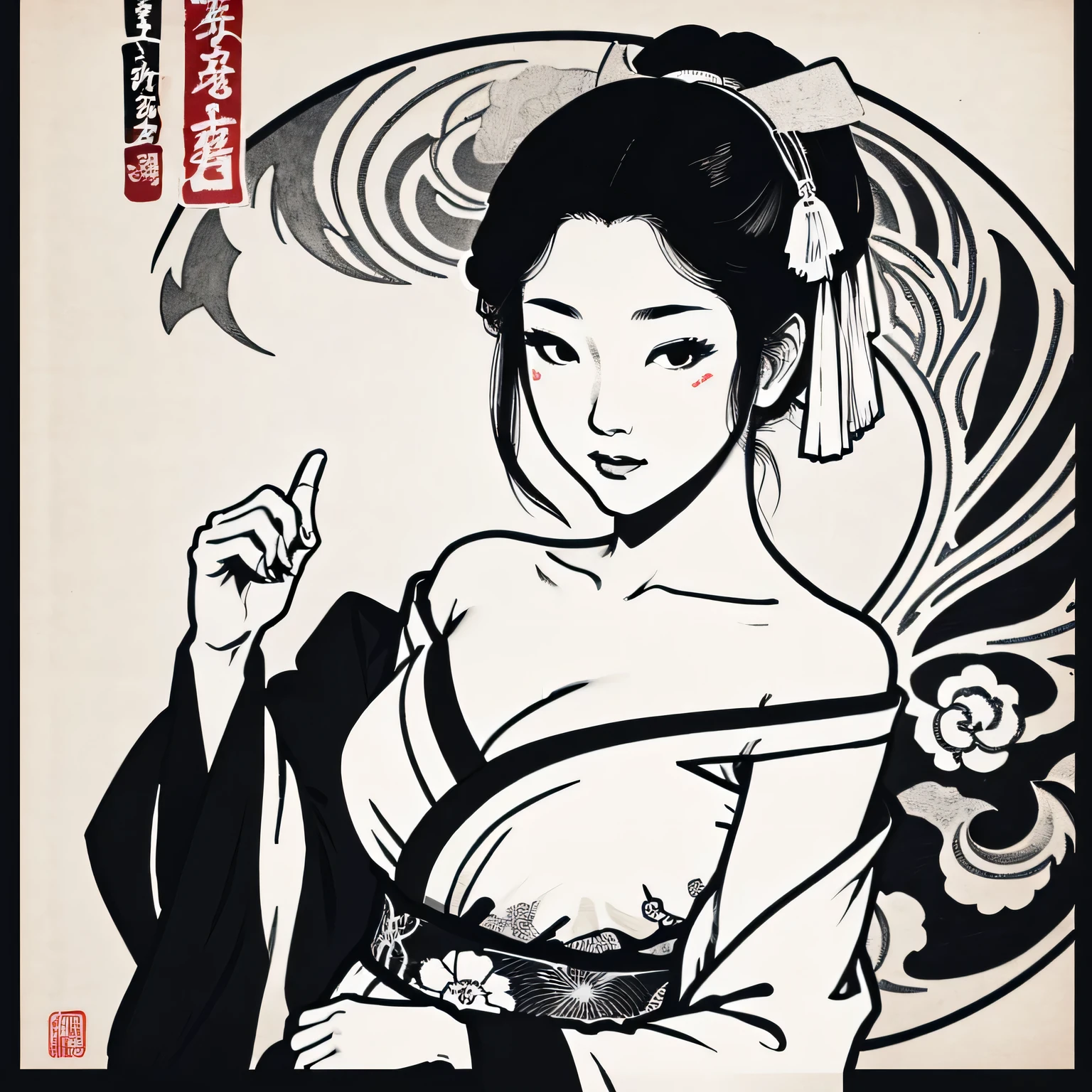 Art vintage japonais, Conception de t-shirts, art vectoriel, art plat, dessin ,encre, ukiyo-e :1,4. femme japonaise en kimono, bare shoulders , noir et blanc