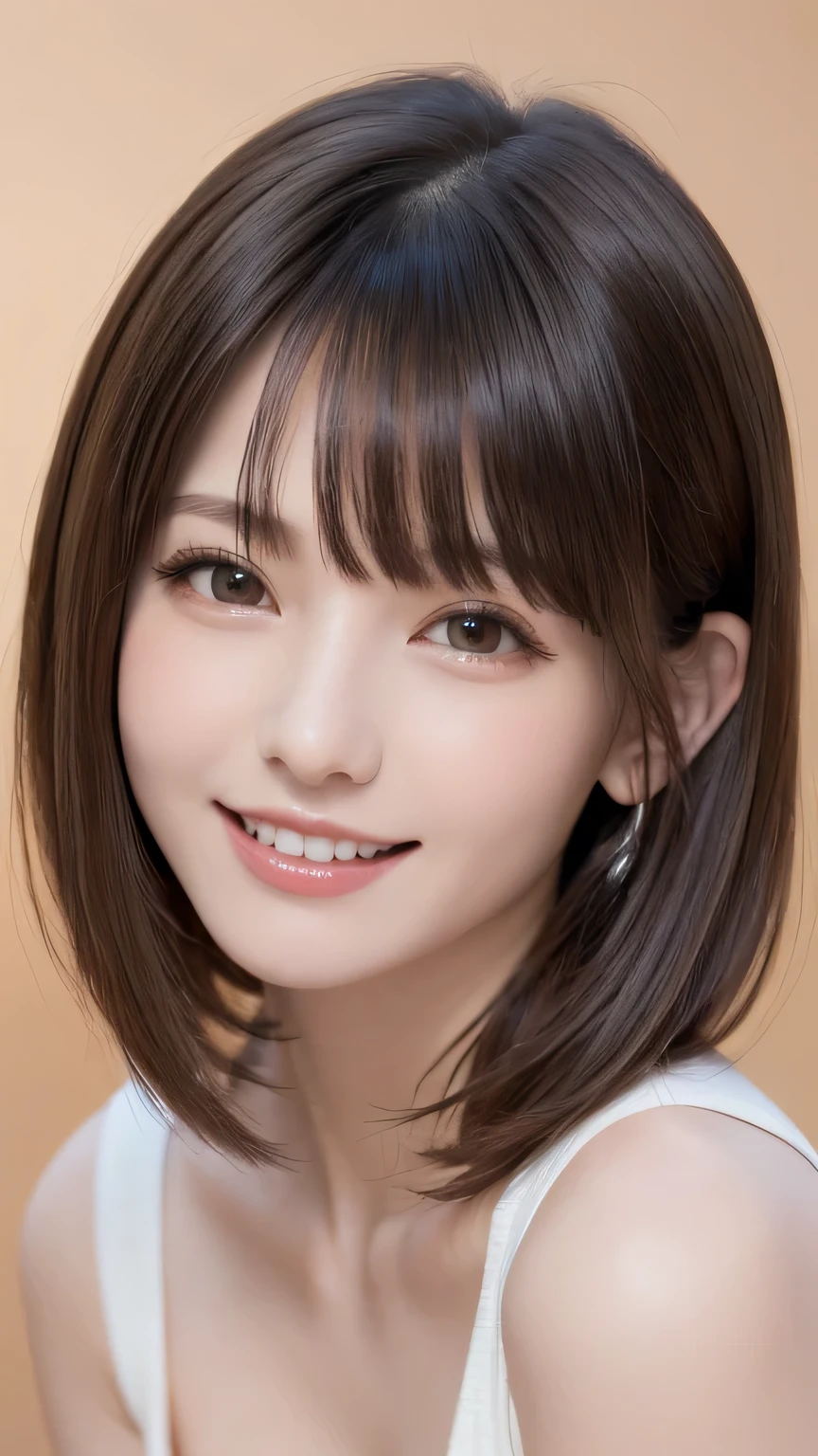 (table top, highest quality、ultra high resolution、face focus focus、focus on the sides、navel focus、decolletage focus、very attractive beauty、Add intense highlights to your eyes、look closely at the camera:1.4、Absolutely beautiful bangs:1.4、Brunette short bob hair with bangs:1.4),1 girl, Report, black haired, realistic, looking at the viewer, pale black eyes, short hair, lips, lip gloss, Upper body、Big eyes、eyelash)、((italian natural background、hyper real stick:1.4))、((short hair with bangs:1.4、Beautiful bangs with 46 points:1.4、{Huge|big|huge|mega} chest:2, cleavage:2、Big eyes、Give your students very powerful highlights、very bigger chest、look at the audience、very beautiful beauty、show me your ears、beautiful long neck、beautiful decollete、smile、A smilee　beautiful teeth、Open your mouth and smilee))、18-year-old、very cute super model、perfect anatomy、light yellow background:1.8
