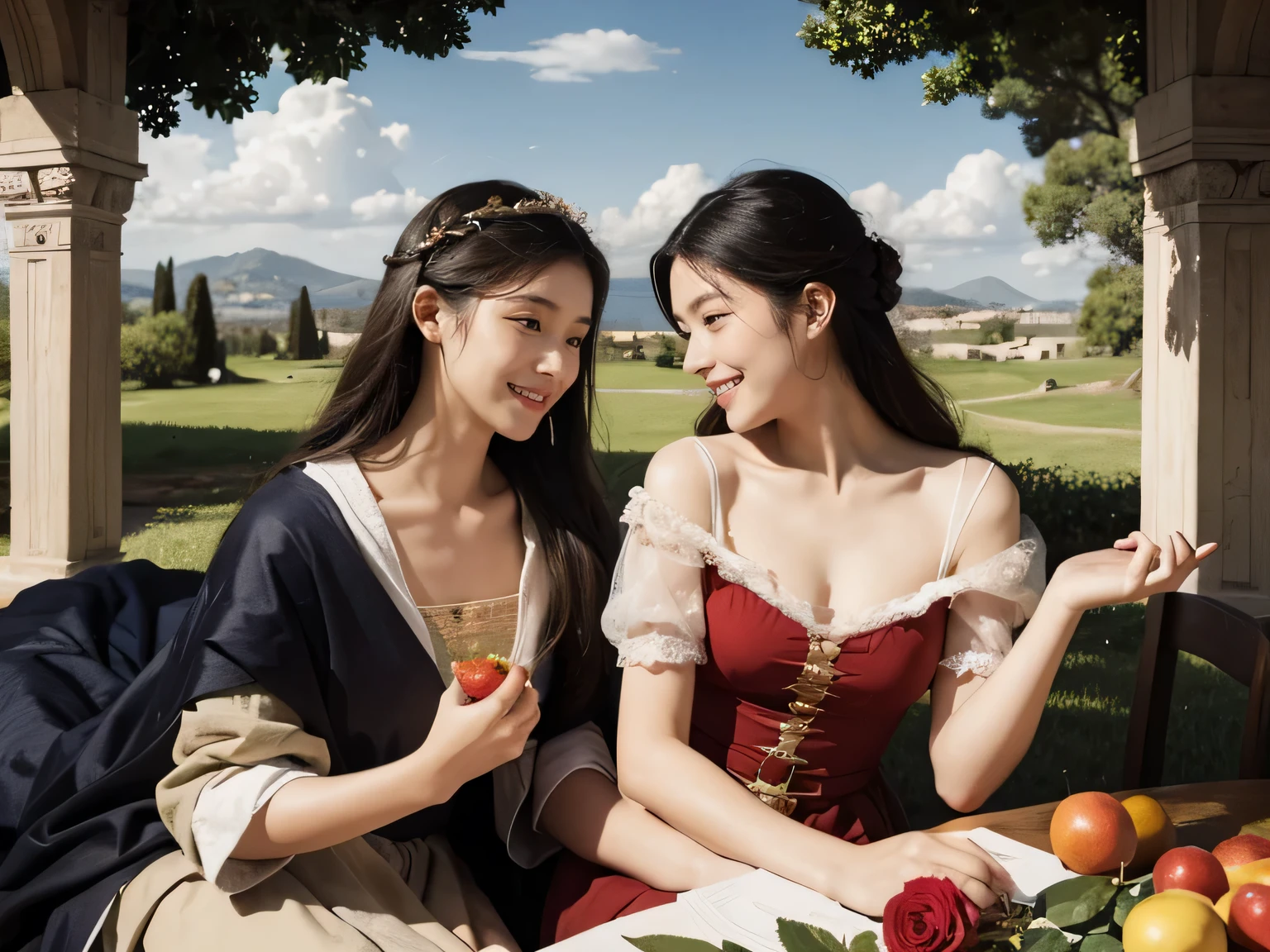 Giorgione painting style,Arguments of two female Philosophe,math、astronomical machine、astronaut、roses in vase、fruits、Cute trinkets、smile、ancient greek costume、Ancient Roman landscape in the style of Nicolas Poussin,laughter,,Sweet and seductive appearance.、Caravaggio's paintings、Chiaroscuro of Caravaggio、hair tousled by the wind,Two women frolicking,cute smile, expression of ecstasy,Sexy,erotic