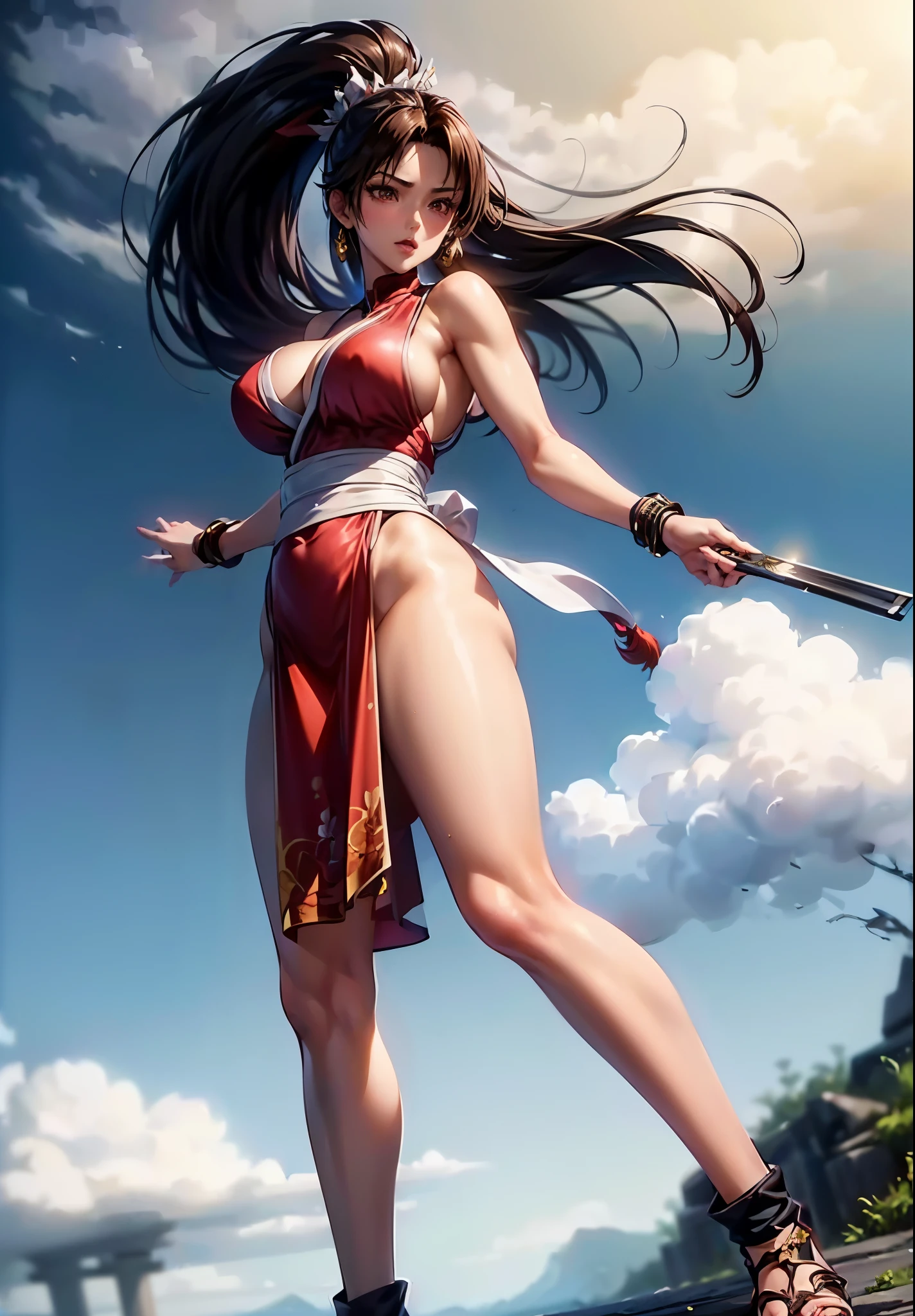 Close-up of a woman in a red dress holding a folding fan, Mai Shiranui, yoko matsugane as Mai Shiranui, Ono City, Tifa, Characters in The King of Fighters, As a character in Tekken, Tifa lockhart, fighting game characters, by Wu Zhen, seductive Tifa lockhart portrait, Anime Girls Cosplay, Female Action Anime Girl，((8k+ultra high resolution+ultra high definition+masterpiece+Very detailed+Award-winning+The award-winning)),(perfect face+supermodel+Delicate skin+high ponytail+huge breasts+perfect hands+beautiful hands+perfect hands指+beautiful hands指+perfect legs+perfect feet),[[[muscle]]],(((anatomically correct))) ,