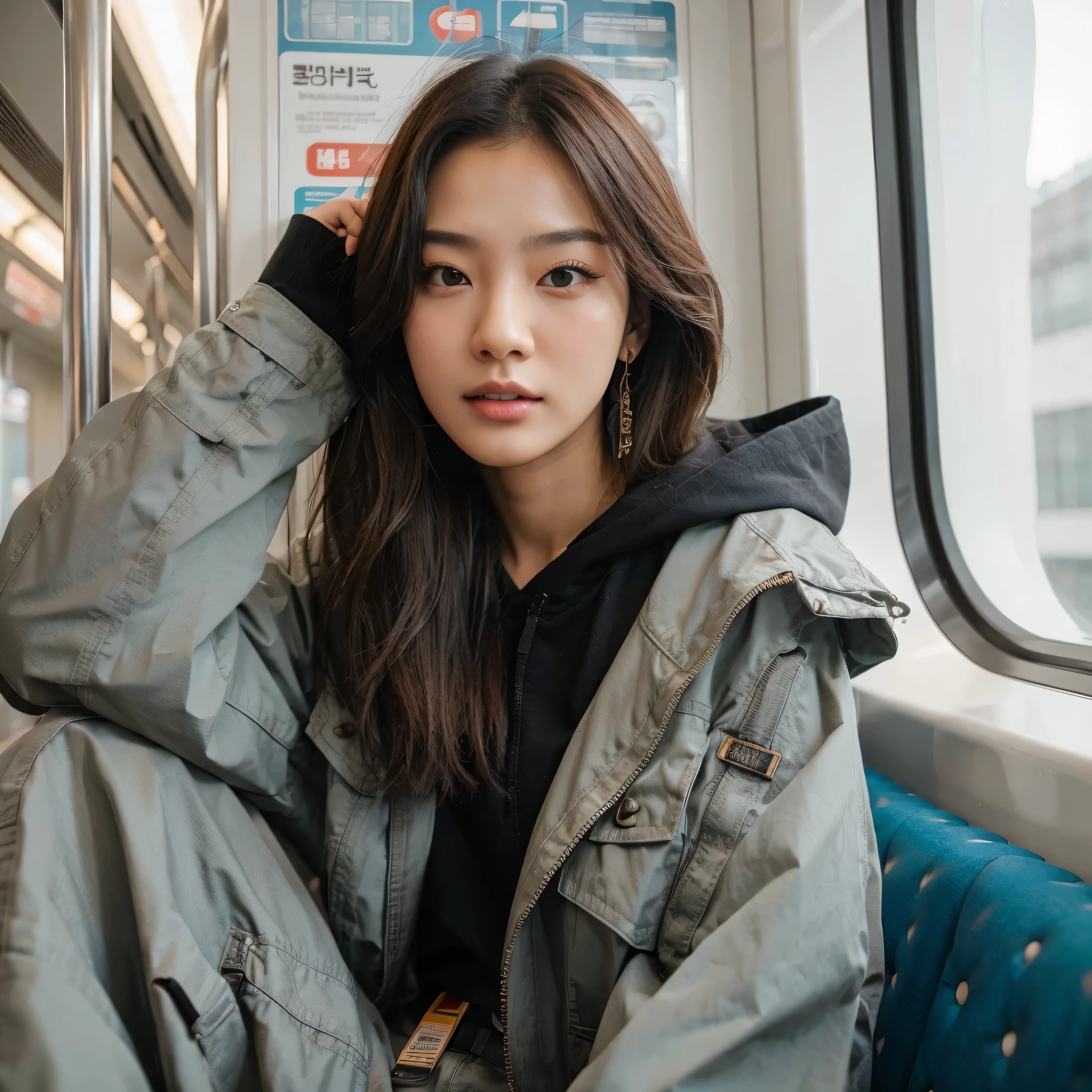 a Korean woman, 20 years old, beautiful face, attractive pose. wearing the latest stylish jacket design, cargo pants, stylish in a modern train, typography decoration, best composition, third of rules, very detailed, 32K, UHD, masterpiece, texture detailed, highres, sharp, focus