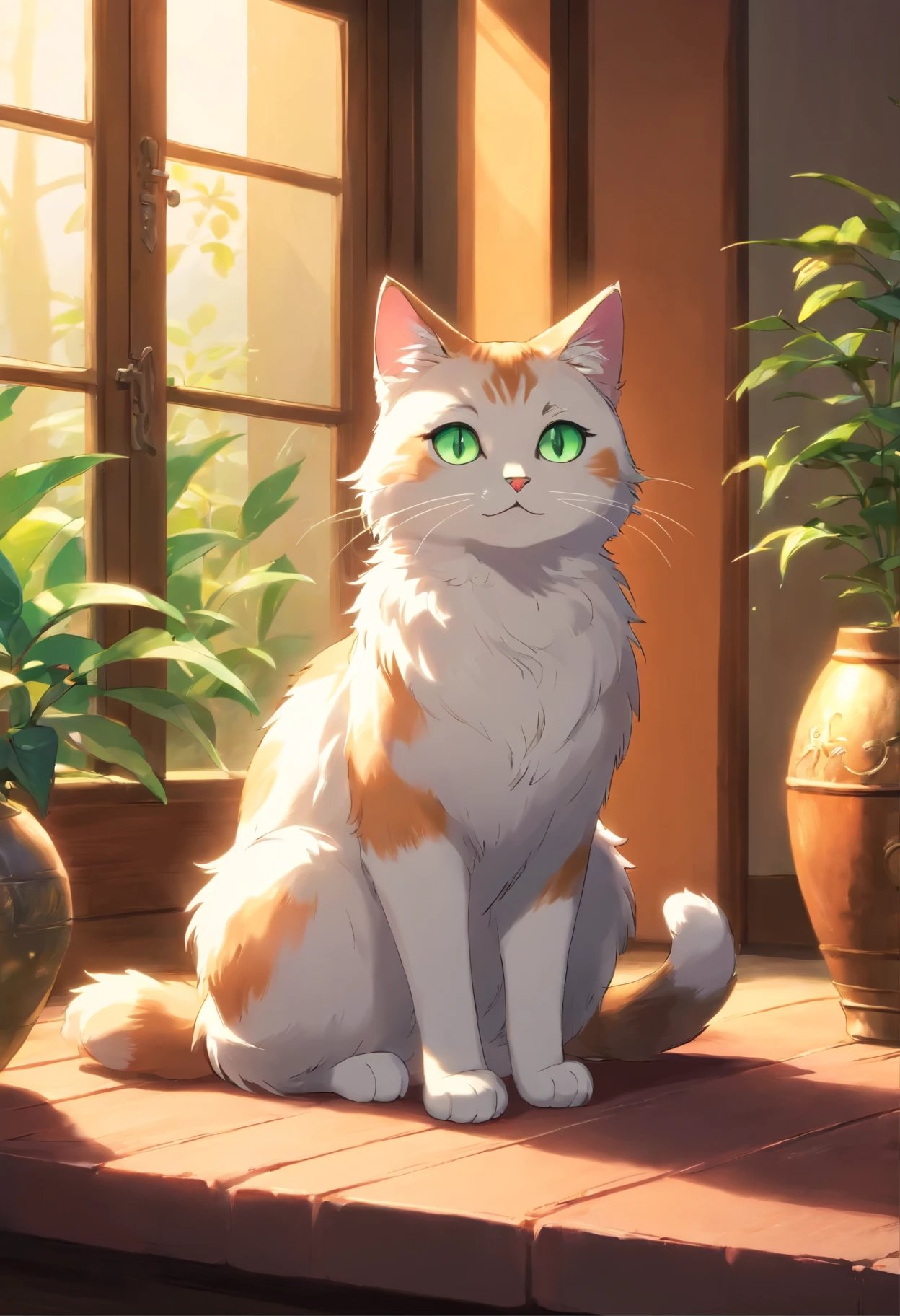 a lovely, furry cat，With charming green eyes, Soft and shiny fur, alert ears, and a twitching tail, sitting gracefully. The cat is depicted as realistic, Realistic style, With ultra-detailed features and vibrant colors. Image quality reaches the highest standards, with the best quality, 4K resolution, and sharp focus. The lighting is perfectly balanced, Studio lighting highlights cats’ beautiful features. The cat is surrounded by a cozy atmosphere, warm and inviting colors. The background includes a window，Soft sunlight shines in, Casts a soft glow on your cat&#39;s fur. The cat is the main focus of the artwork, 捕捉它的grace, grace, and naughty nature.