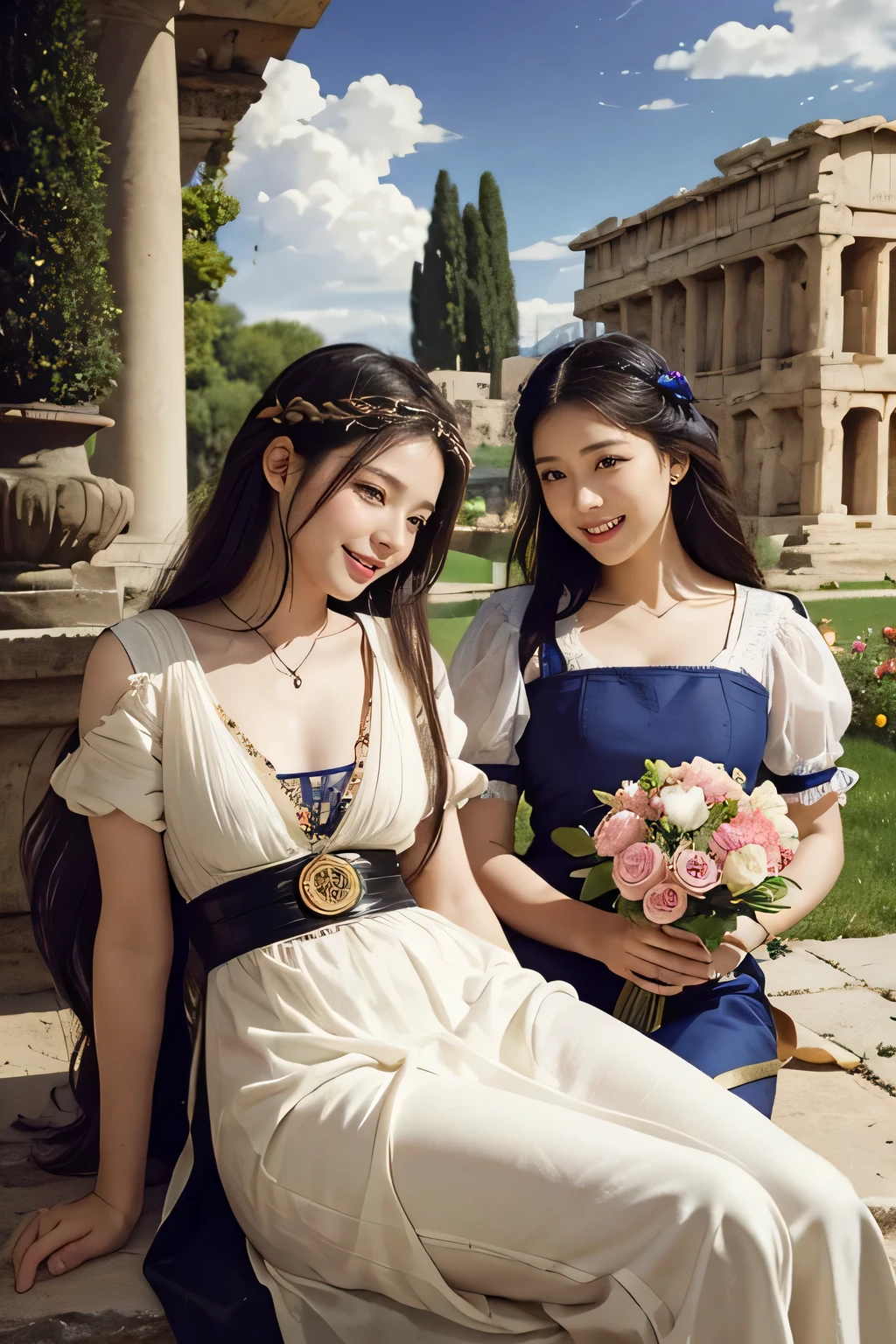 Giorgione painting style,Arguments of two female Philosophe,math、astronomical machine、astronaut、roses in vase、fruits、Cute trinkets、smile、ancient greek costume、Ancient Roman landscape in the style of Nicolas Poussin,laughter,,Sweet and seductive appearance.、Caravaggio's paintings、Chiaroscuro of Caravaggio、hair tousled by the wind,Two women frolicking,cute smile, expression of ecstasy,Sexy,erotic