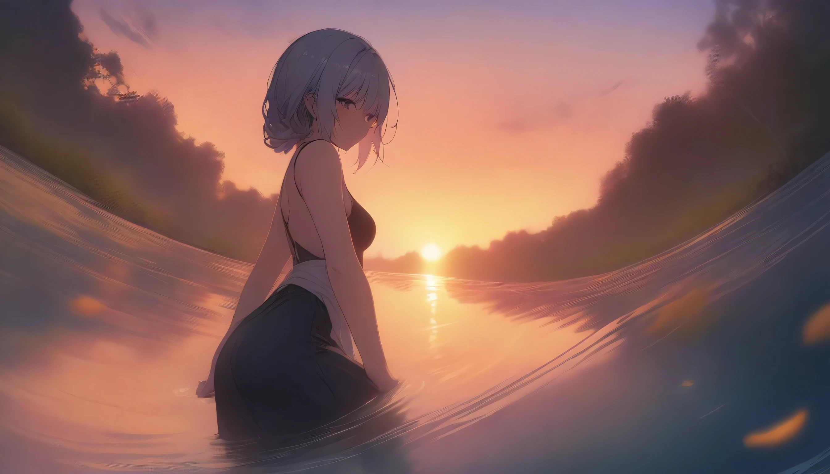 masterpiece, best quality, very aesthetic, absurdres, Evening Pond, sunset sky