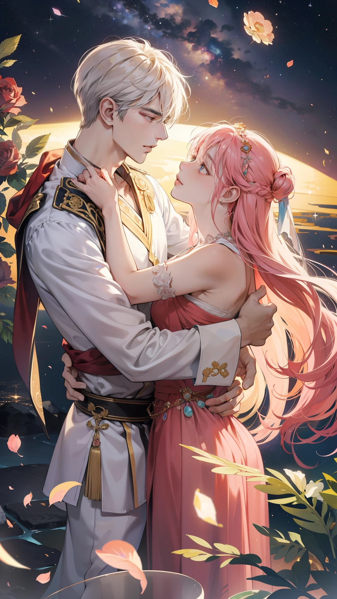 "Yab-Yum": A colossal Roman emperor named Constantine I, renowned for his greatness, is in an enchanting embrace with a girl hailing from the Land of the Rising Sun. Their loving union, full of happiness and tranquility, surpasses the constraints of faith and religion. Their connection is a microcosm of boundless love, radiating the vibrancy of a galaxy or the clarity of a sky before dawn.
This romantic encounter unfolded during a peaceful epoch, graced by a marble floor and colorful ores such as diamonds, morganite, kunzite, rose quartz, Incas Rose, and rhodochrosite