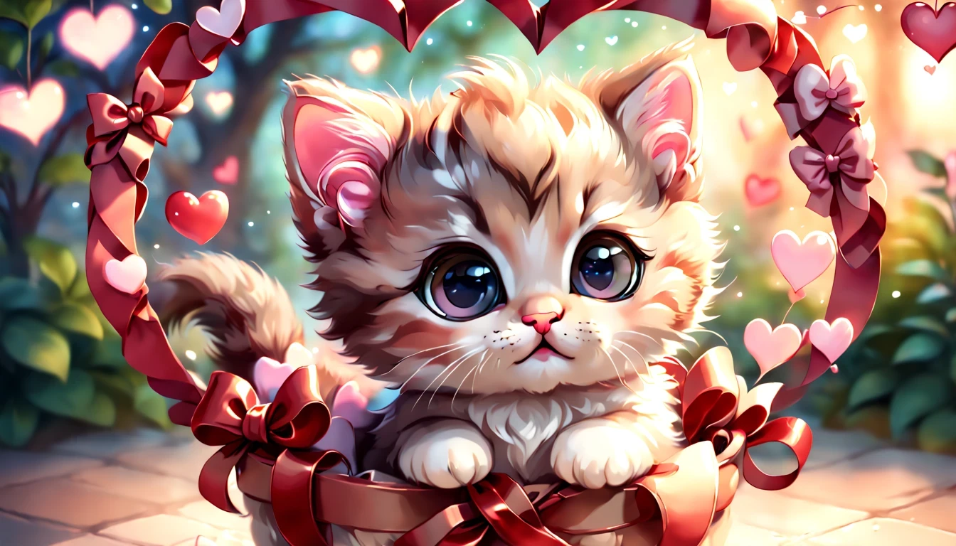 best quality fantasy art of an adorable baby Kitten, ribbon, heart, light bokeh, kawaii Valentine scene
