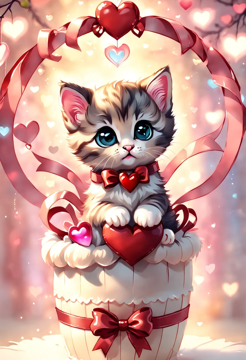 best quality fantasy art of an adorable baby Kitten, ribbon, heart, light bokeh, kawaii Valentine scene

