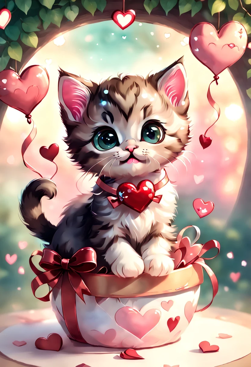 best quality fantasy art of an adorable baby Kitten, ribbon, heart, light bokeh, kawaii Valentine scene
