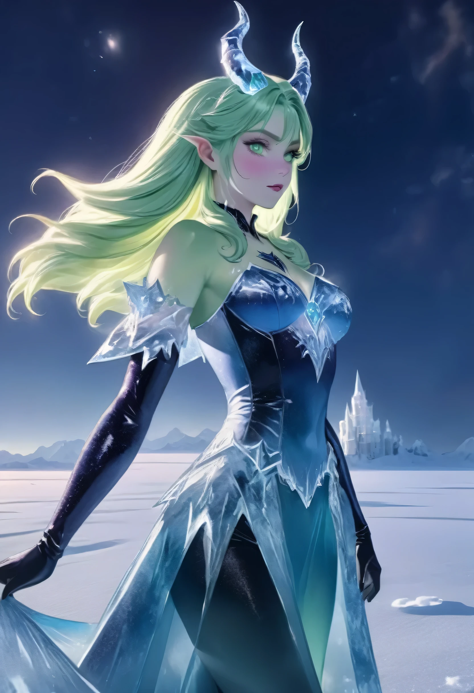 (8k, highest quality, masterpiece: 1.2), (realistic, realistic: 1.37), Super detailed, an ice female demon、Standing in the frozen snow field、Witch wearing pale armor, ((sexy costume:1)), SEXY female devil, ((aurora in the night sky)), 