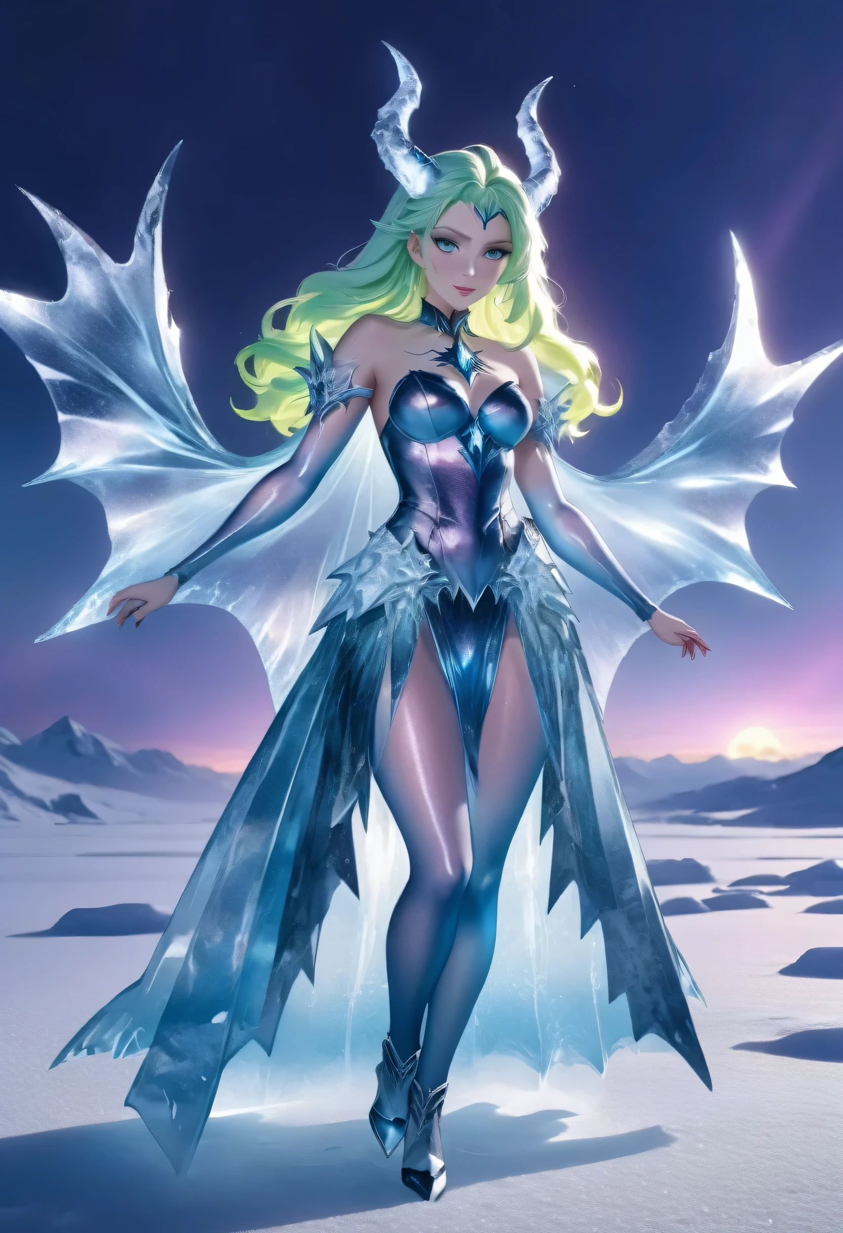 (8k, highest quality, masterpiece: 1.2), (realistic, realistic: 1.37), Super detailed, an ice female demon、Standing in the frozen snow field、Witch wearing pale armor, ((sexy costume:1)), SEXY female devil, ((aurora in the night sky)),