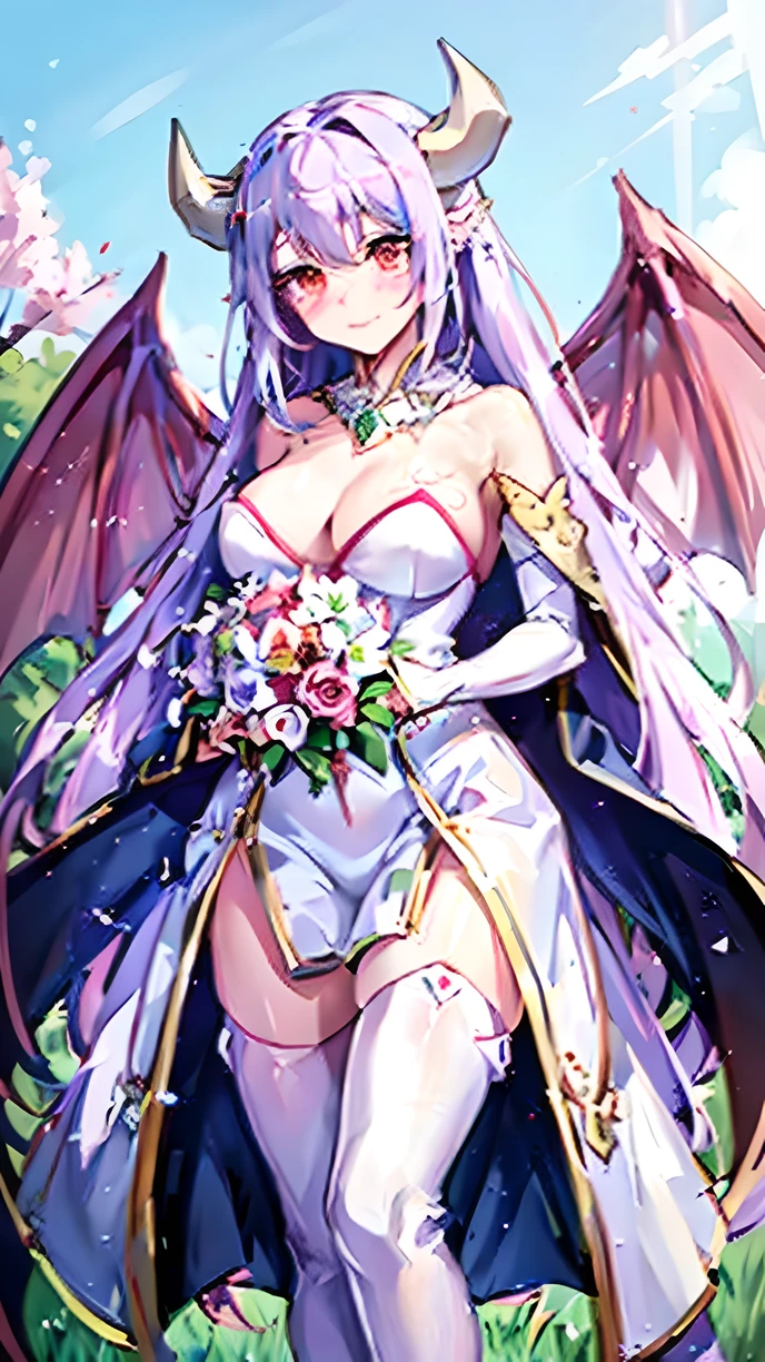 ((best quality)), ((masterpiece)), (detailed:1.2), perfect face,1girl, anime girl, white dress, long dress, stand up, beautiful girl,anime succubus, beautiful succubus, wings, demon wings,tail, pink tail, succubus with long dress, white dress, white skirt,white hair,(hair:1.2), red right eye, blue left eye,stand up, looking at viewer, cute,cute demon girls,very cute succubus,Stand in front of the Cherry blossom,bring a bouquet of flowers, wedding bouquets, white flowers,tails seductive,white stocking,open tail, super detailed,colorful,flower crown, crown on head, flower crown on head