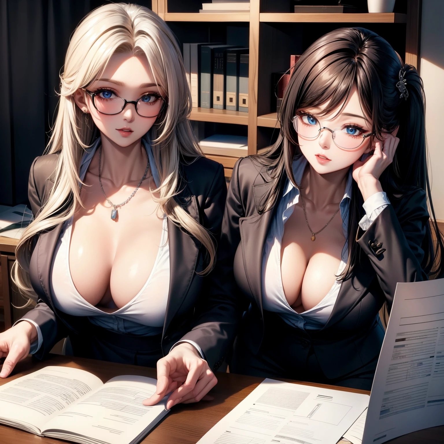 (8k,Super details,best masterpiece,nature,perfect work of art,perfect female figure),two women,sister and sister,sisters,Rainbow hair,perfect face,(huge),neighbor wife,woman hairstyle,elegant wife,mature and exposed,20 years old,fair skin,messy hair,Perfect sexy body,Wear a well-fitting and sexy women's suit,Very big,big ass very detailed,Hot and sexy secretary,wear glasses,in a detailed office,Holding coffee and looking at documents,Detail background,necklace,perfect eyes,, T-shaped small size,huge的山雀