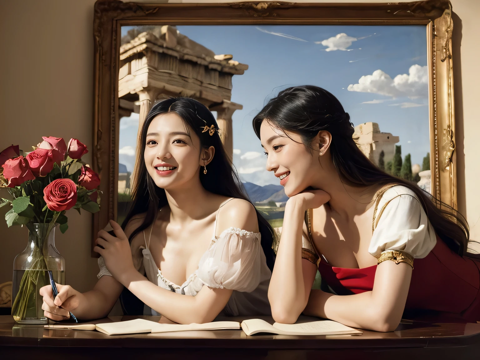 Giorgione painting style,Arguments of two female Philosophe,math、astronomical machine、astronaut、roses in vase、fruits、Cute trinkets、smile、ancient greek costume、Ancient Roman landscape in the style of Nicolas Poussin,laughter,,Sweet and seductive appearance.、Caravaggio's paintings、Chiaroscuro of Caravaggio、hair tousled by the wind,Two women frolicking,cute smile, expression of ecstasy,Sexy,erotic