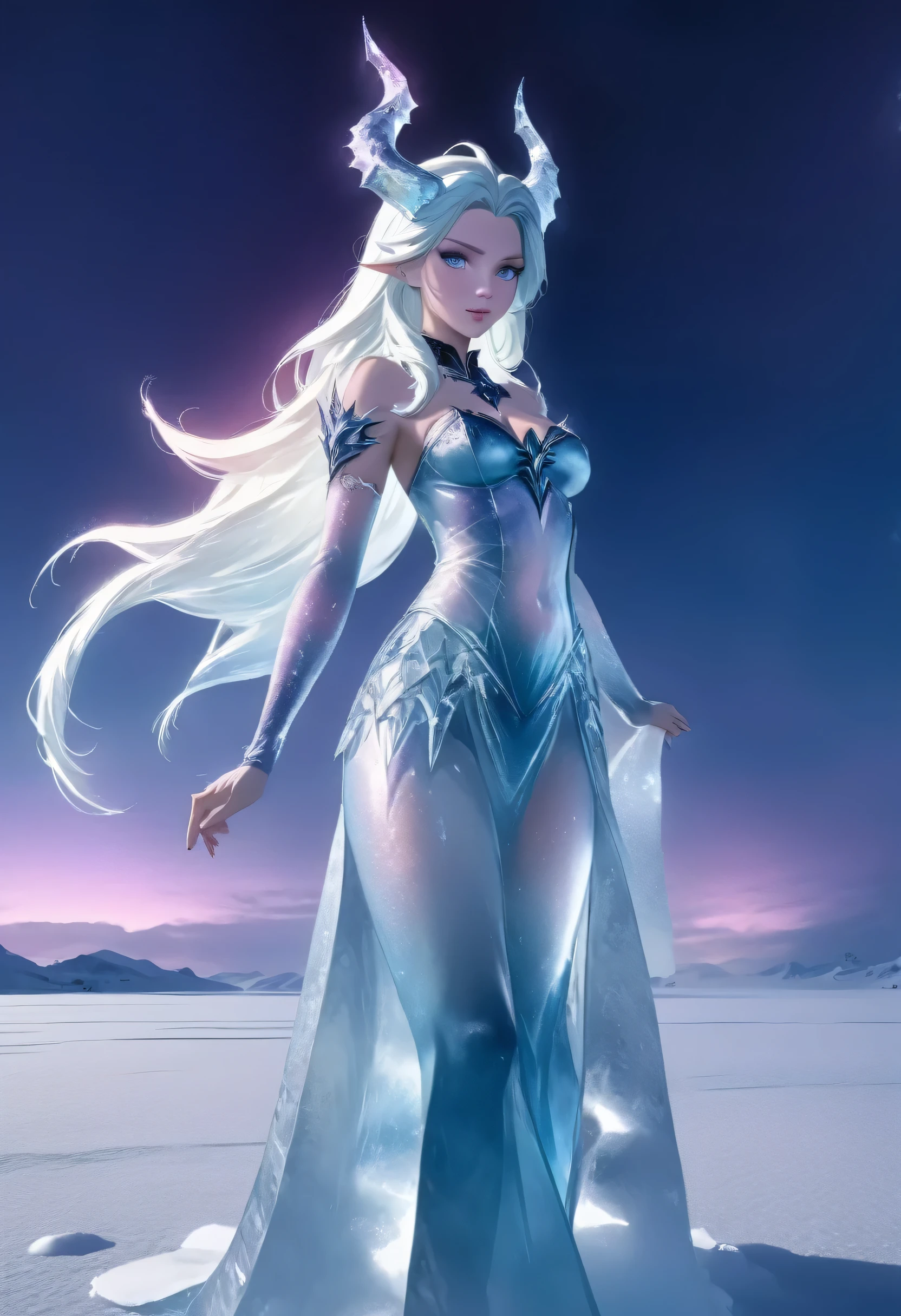 (8k, highest quality, masterpiece: 1.2), (realistic, realistic: 1.37), Super detailed, an ice female demon、Standing in the frozen snow field、Witch wearing pale armor, ((sexy costume:1)), SEXY female devil, ((aurora in the night sky)),