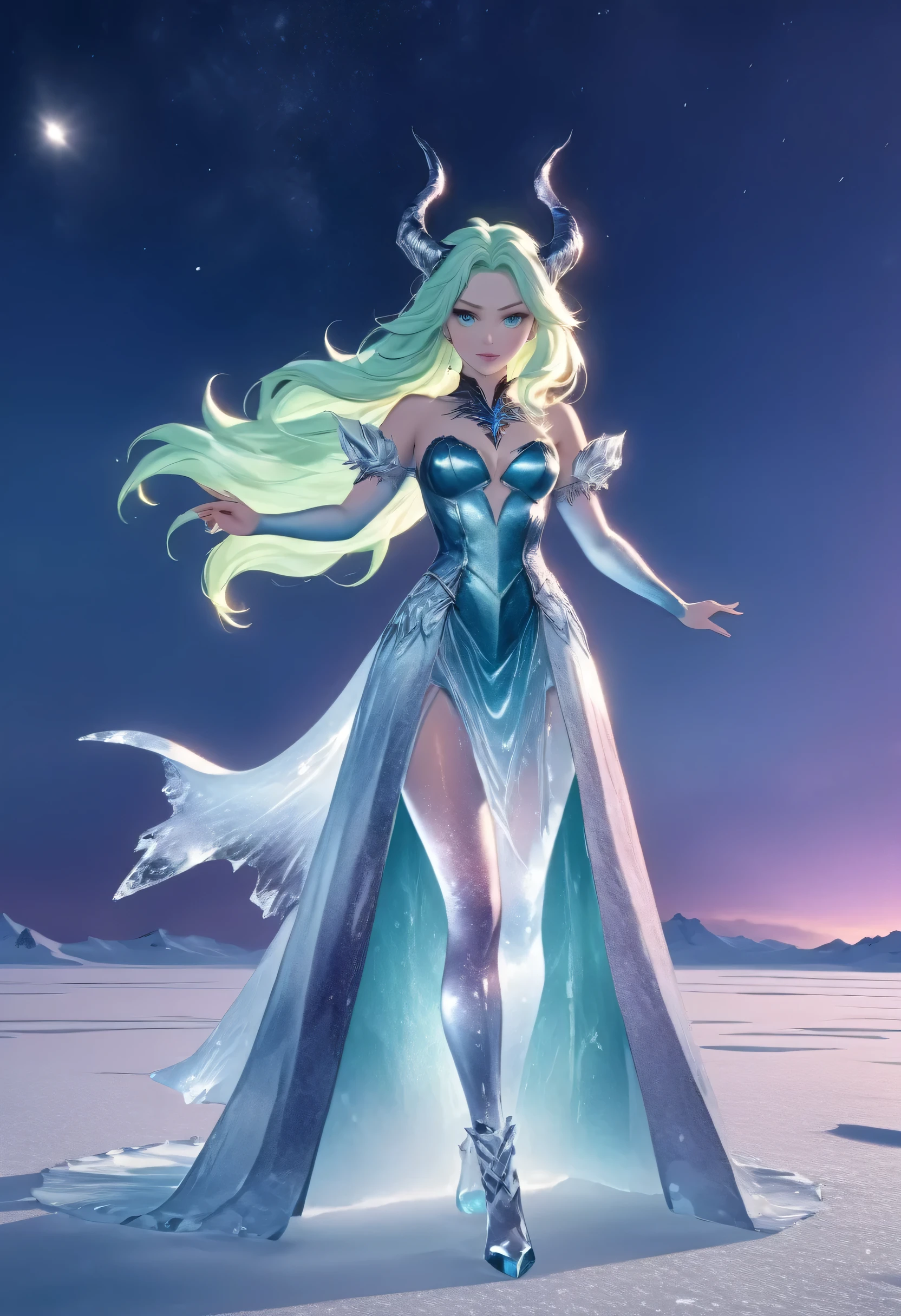 (8k, highest quality, masterpiece: 1.2), (realistic, realistic: 1.37), Super detailed, an ice female demon、Standing in the frozen snow field、Witch wearing pale armor, ((sexy costume:1)), SEXY female devil, ((aurora in the night sky)), 