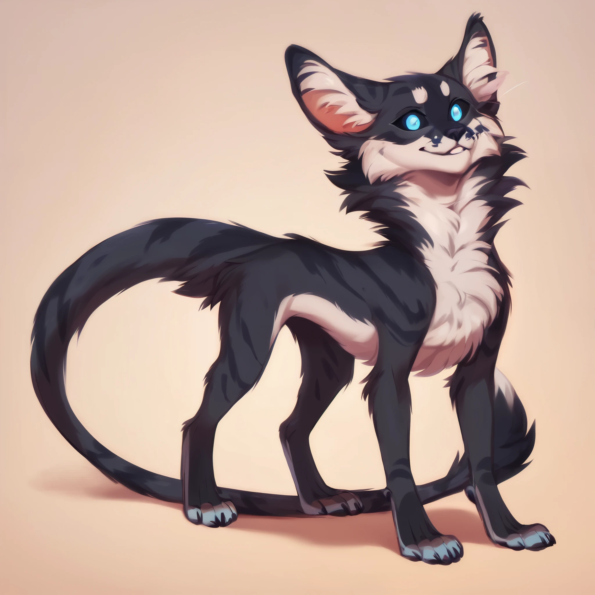 score_9, score_8_up, score_7_up, score_6_up, score_5_up, score_4_up, show accurate, full body, simple background, solo, feral chupacabra, female chupacabra, teenage chupacabra, adorable face, standing on all fours, black sclera, sapphire blue eyes, bright eyes, playful look, overflowing emotion, skinny body, full black fur, white fur, white face, white chest, black color tail, black legs, 