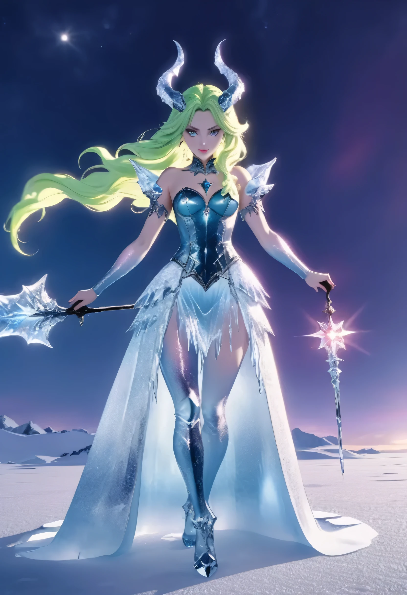 (8k, highest quality, masterpiece: 1.2), (realistic, realistic: 1.37), Super detailed, an ice female demon、Standing in the frozen snow field、Witch wearing pale armor, ((sexy costume:1)), SEXY female devil, ((aurora in the night sky)), 