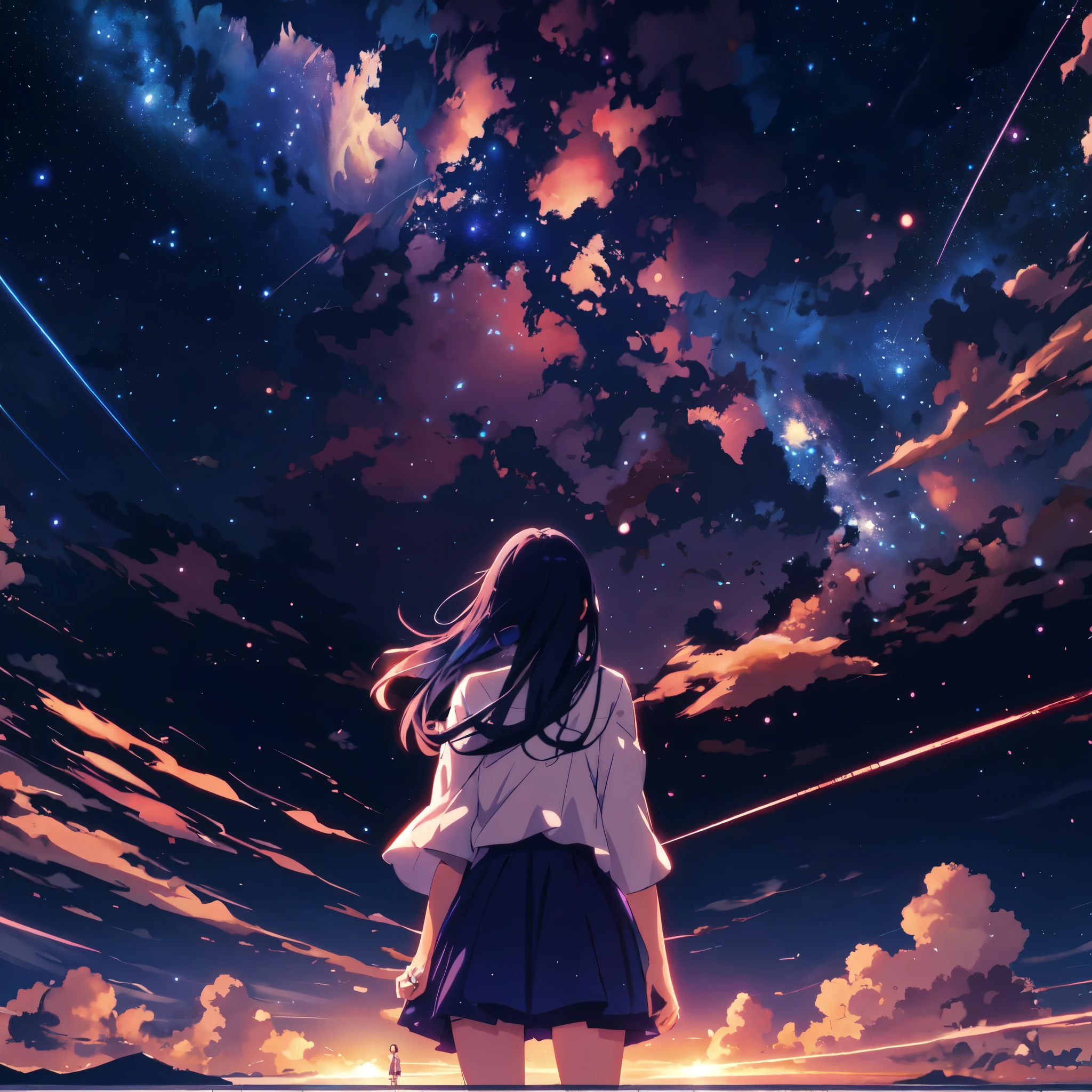 Anime girl looking at the stars in the sky, girl stares into space, anime girl with space hair, anime art wallpaper 8k, anime art wallpaper 4k, anime art wallpaper 4k, space sky. by Makoto Shinkai, anime sky, anime wallpaper 4k, anime wallpaper 4k, infinite universe in the background, look at the sky