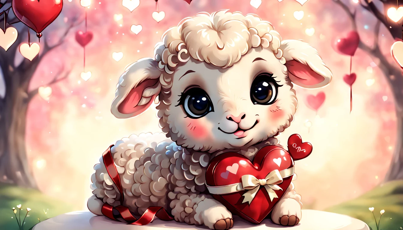 best quality fantasy art of an adorable baby lamb, ribbon, heart, light bokeh, kawaii Valentine scene

