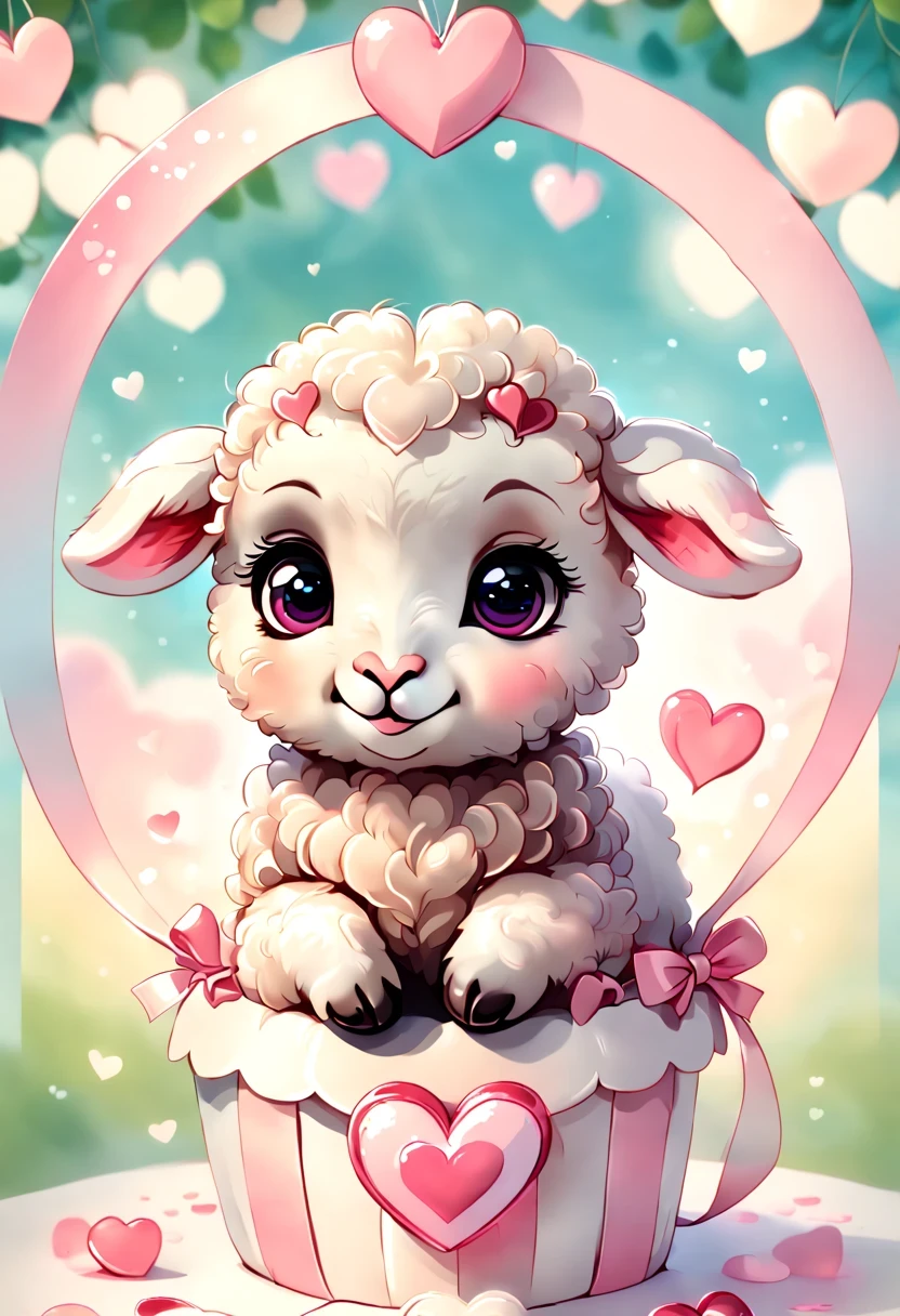best quality fantasy art of an adorable baby lamb, ribbon, heart, light bokeh, kawaii Valentine scene, light pink and white tetradic colors
