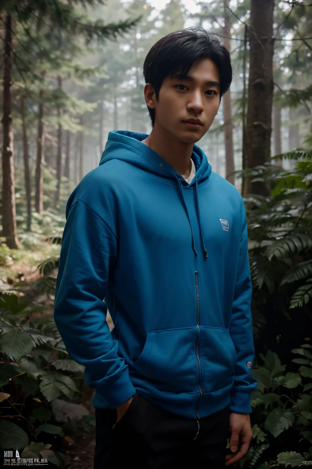 arafed image of a young man in a blue hoodie standing in a forest, jinyoung shin, inspired by Zhang Han, inspired by Joong Keun Lee, inspired by Kim Myeong-guk, inspired by Yeong-Hao Han, artwork in the style of guweiz, siwoo kim, inspired by Kim Hwan-gi, portrait of kpop idol