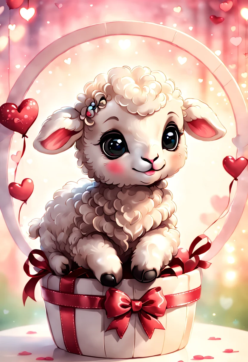 best quality fantasy art of an adorable baby lamb, ribbon, heart, light bokeh, kawaii Valentine scene