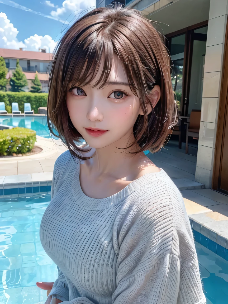 (highest quality:1.4、Add intense highlights to your eyes:1.4、short and shiny hair:1.4 )、1 girl、alone、short black hair、scarf、light brown eyes、droopy eyes:1.5、short hair、Jacket、coat、Winter clothes、hat、lips、lip gloss:1.4、bangs、closed mouth、Big eyes、eyelash、((street))、((bangsのあるshort hair:1.4、Big eyes、Gives a very strong highlight to the eyes、thin waist、very beautiful beauty、show me your ears、long neck、smile a little、Please close your mouth and smile))、Beautiful adult woman full of charm:1.4、(Sunlit infinity pool at a resort hotel。A woman standing by the pool、She generously shows off her slim figure while splashing in the water.、)、(The woman is looking straight into the camera lens)、perfect anatomy