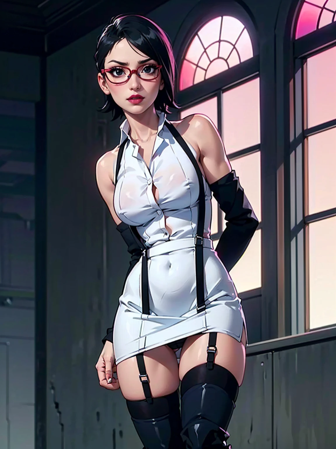 (1girl, solo, alone), (WakatsukiRisa, Sarada Uchiha, black hair, short hair, black eyes, red glasses), ((solo, (1woman, pink lipstick, black eyes), Extremely detailed, ambient soft lighting, 4k, perfect eyes, a perfect face, perfect lighting, a 1girl)), ((fitness, shapely body, athletic body, toned body)), ((looking at the viewer, suspenders, Black miniskirt, garter belt, knee high socks, Gaze, ,Beauty, black boots, white dress shirt, provocation, put your hands behind your back, cutter shirt, Panty shot, ginka))