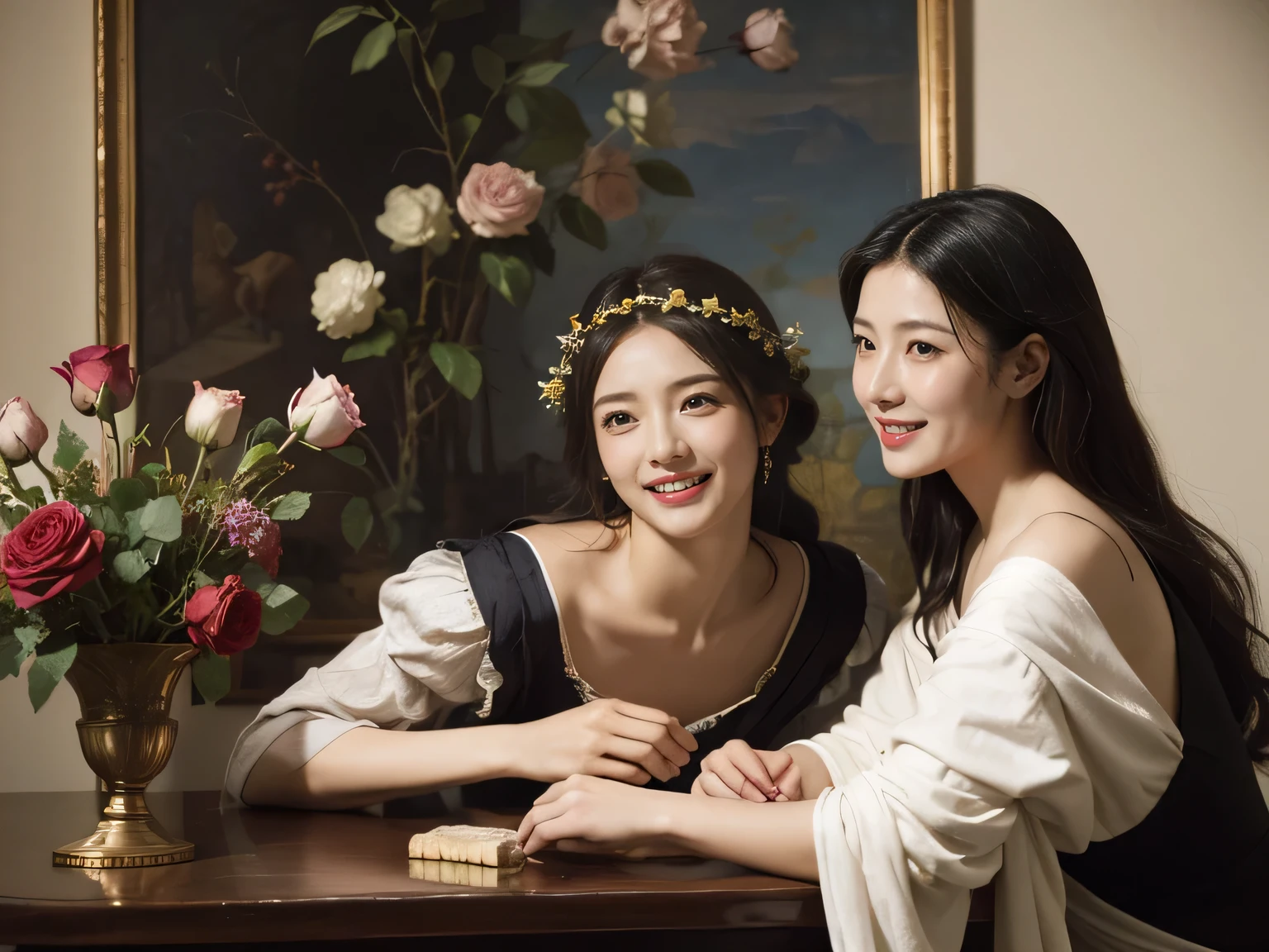 Giorgione painting style,Arguments of two female Philosophe,math、astronomical machine、astronaut、roses in vase、fruits、Cute trinkets、smile、ancient greek costume、Ancient Roman landscape in the style of Nicolas Poussin,laughter,,Sweet and seductive appearance.、Caravaggio's paintings、Chiaroscuro of Caravaggio、hair tousled by the wind,Two women frolicking,cute smile, expression of ecstasy,Sexy,erotic