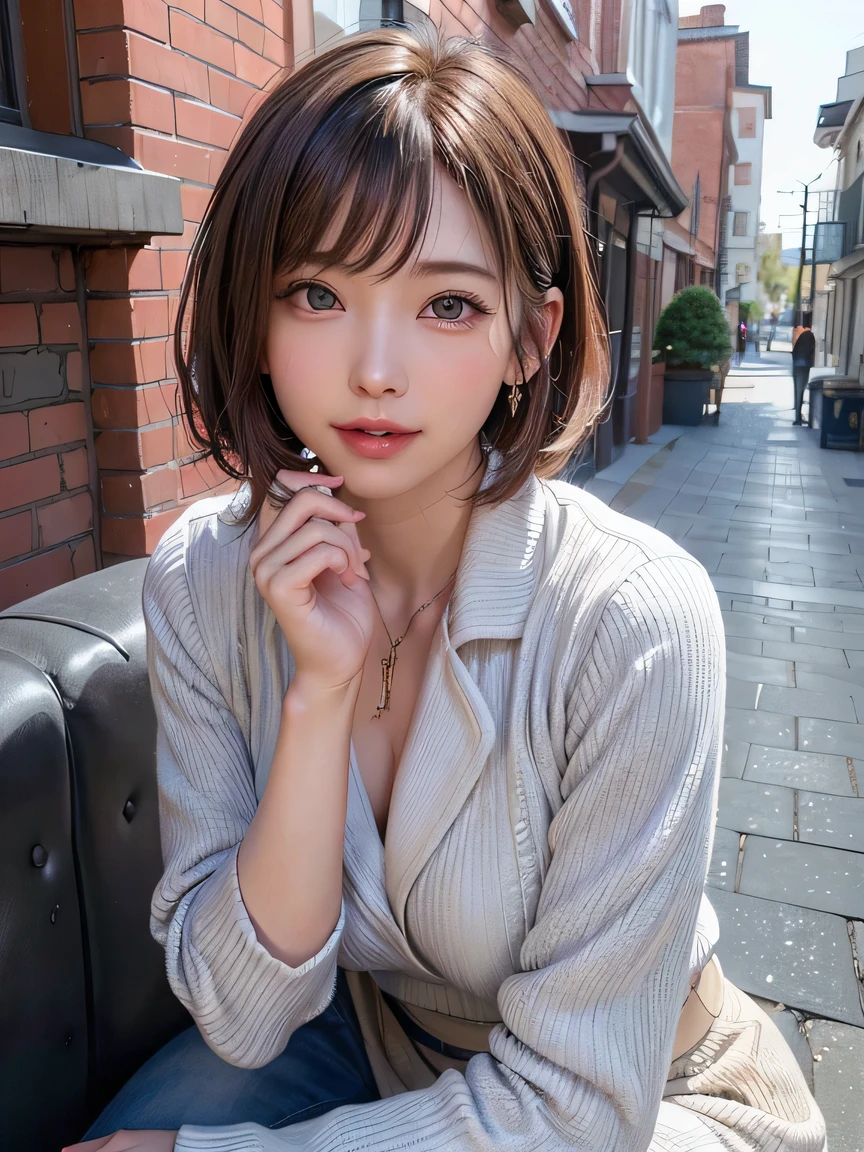 (highest quality:1.4、Add intense highlights to your eyes:1.4、short and shiny hair:1.4 )、1 girl、alone、short black hair、scarf、light brown eyes、droopy eyes:1.5、short hair、Jacket、coat、Winter clothes、hat、lips、lip gloss:1.4、bangs、closed mouth、Big eyes、eyelash、((street))、((bangsのあるshort hair:1.4、Big eyes、Gives a very strong highlight to the eyes、thin waist、very beautiful beauty、show me your ears、long neck、beautiful teeth、smile a little、Please close your mouth and smile))、Beautiful adult woman full of charm:1.4、(A cafe facing an urban back alley。A woman sitting outside、I'm sipping coffee while reminiscing.。Accented with a brick wall、)、(The woman is looking straight into the camera lens)、perfect anatomy
