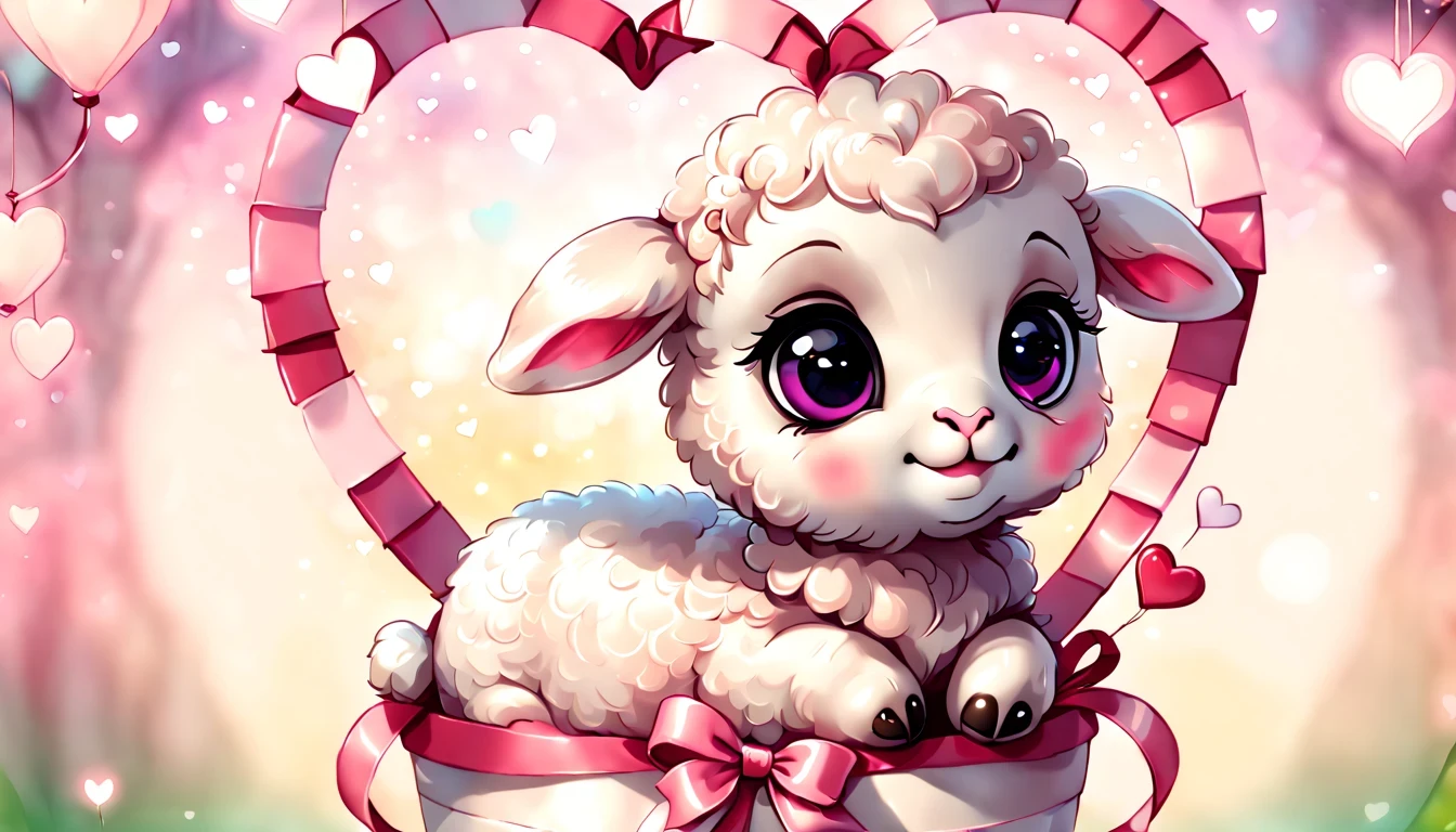 best quality fantasy art of an adorable baby lamb, ribbon, heart, light bokeh, kawaii Valentine scene, light pink and white tetradic colors
